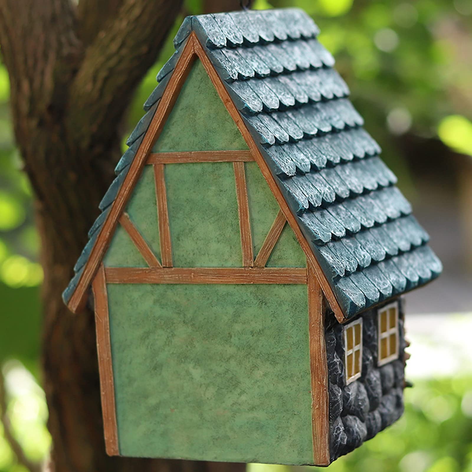 Casa de pájaros de resina sintética, para colgar al aire libre, con anillo de metal, adecuada para jardín, terraza y patio.