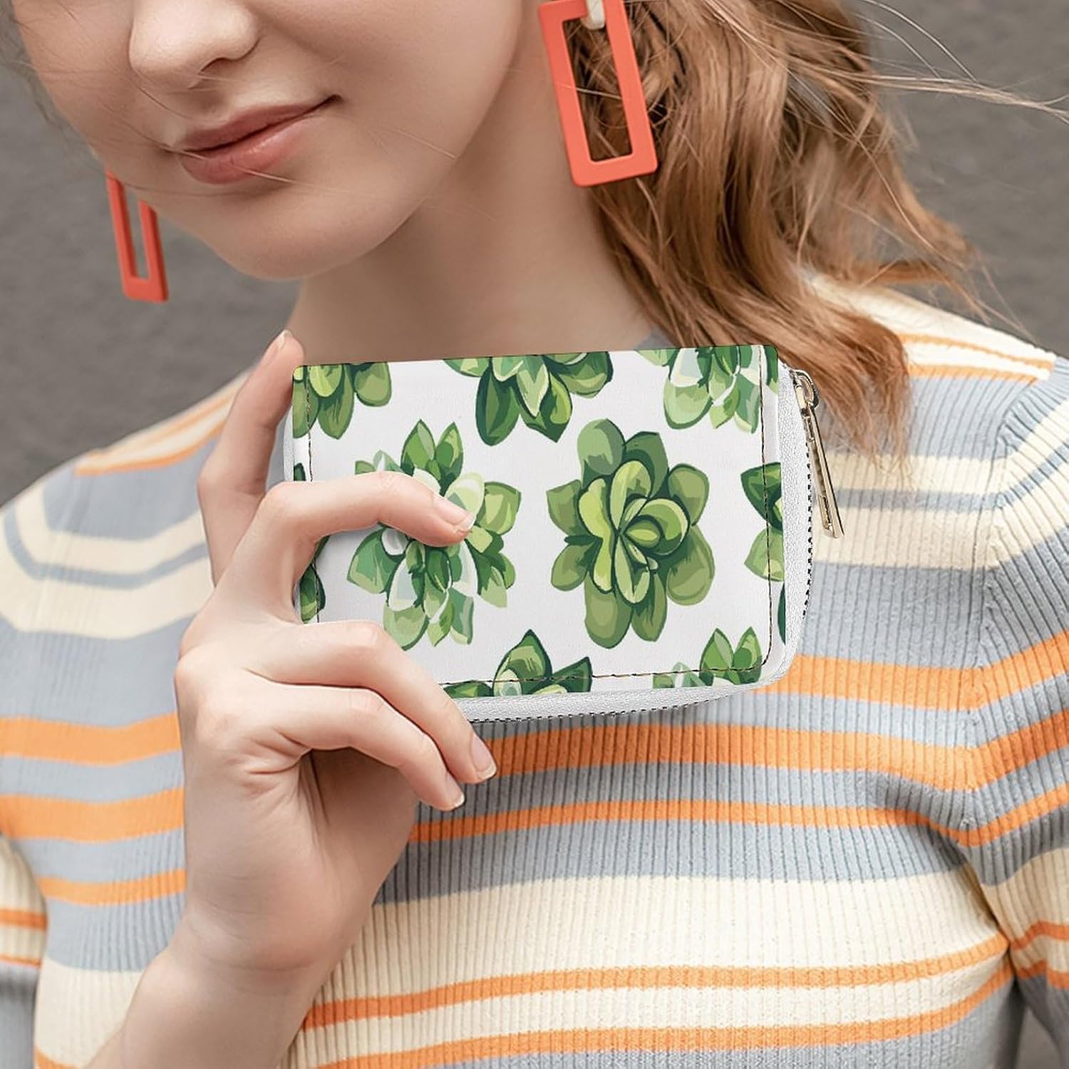 Leather Card Organizer Case Card Wallet Credit Card Holder Green Succulent Pattern Printed Zipper Card Cases Holder for Women Men
