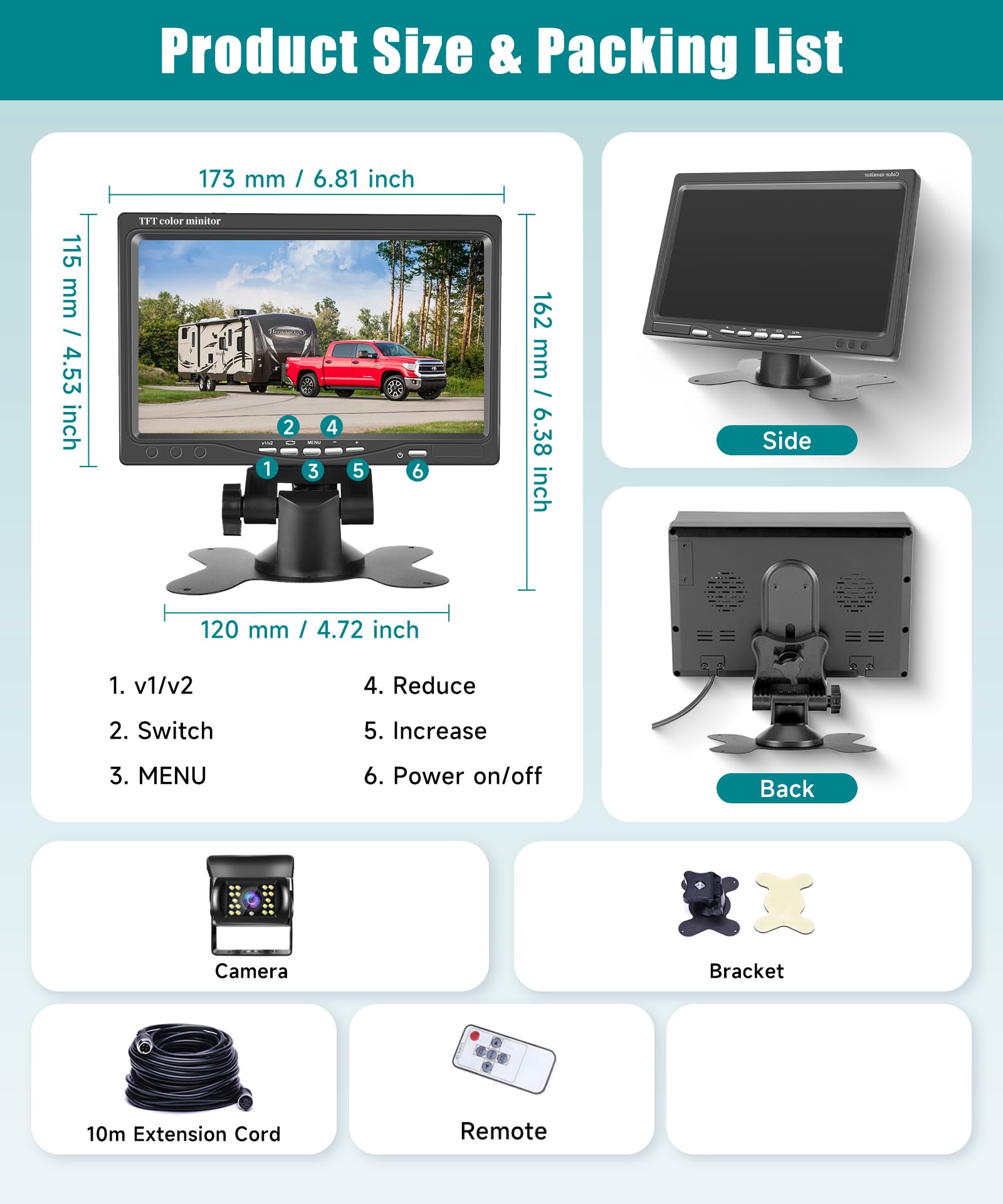 VECHTEL Caméra de recul avec de HD Moniteur 7'',Kit de caméra de recul Filaire Con IP69 Electronique Vision Nocturne de Voiture pour SUV Van RV Car Installa