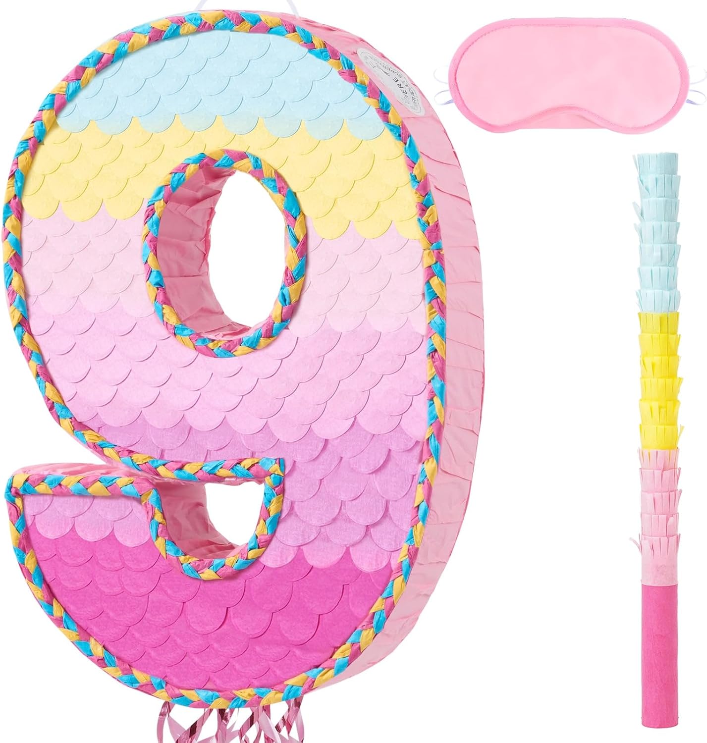 WERNNSAI Number 7 Piñata – Pink 7th Birthday Party Decorations Rainbow Ombre Seven Piñata for kids girls with Blindfold and Stick for 7 Year Birthday Supplies Princess Anniversary Decoration
