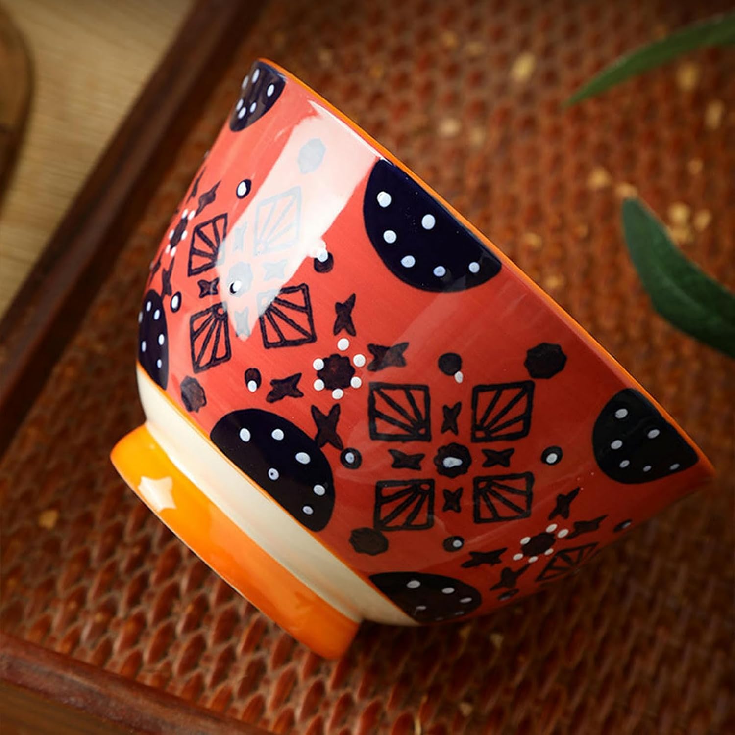 Ceramic hand-painted creative rice bowl household exquisite high temperature resistance-yellow orange flowers on blue background