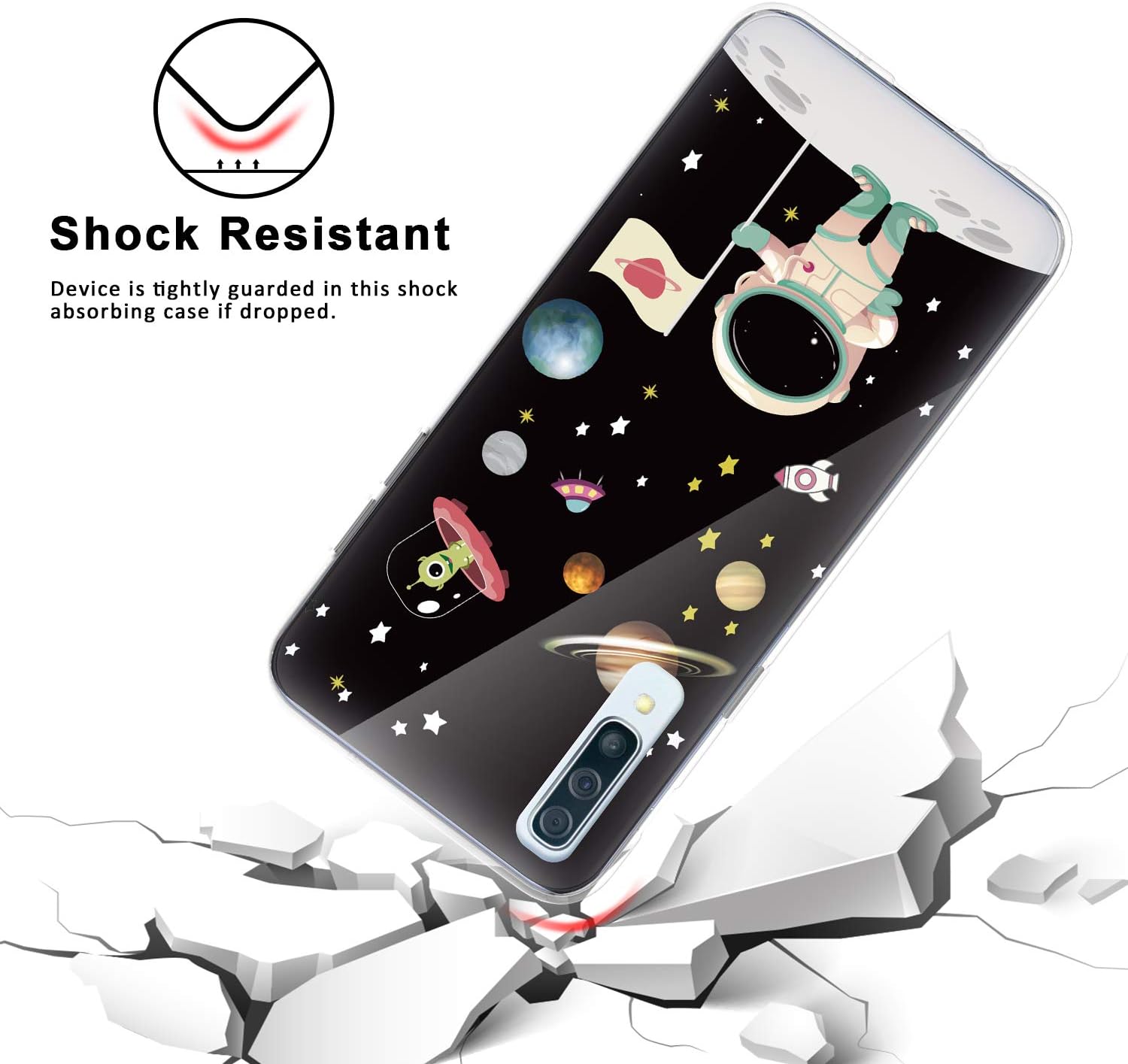 TJS Phone Case Compatible with Samsung Galaxy A50 2019, with [Full Coverage Tempered Glass Screen Protector] Ultra Thin Slim TPU Matte Color Design Transparent Clear Soft Skin Cover (Astronaut)