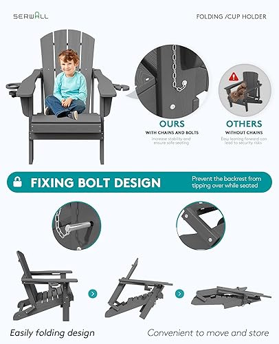 Miniatura 7 de SERWALL Silla Adirondack plegable, soportes dobles para tazas y HDPE para todo tipo de clima, silla de patio similar a la madera para patio trasero,