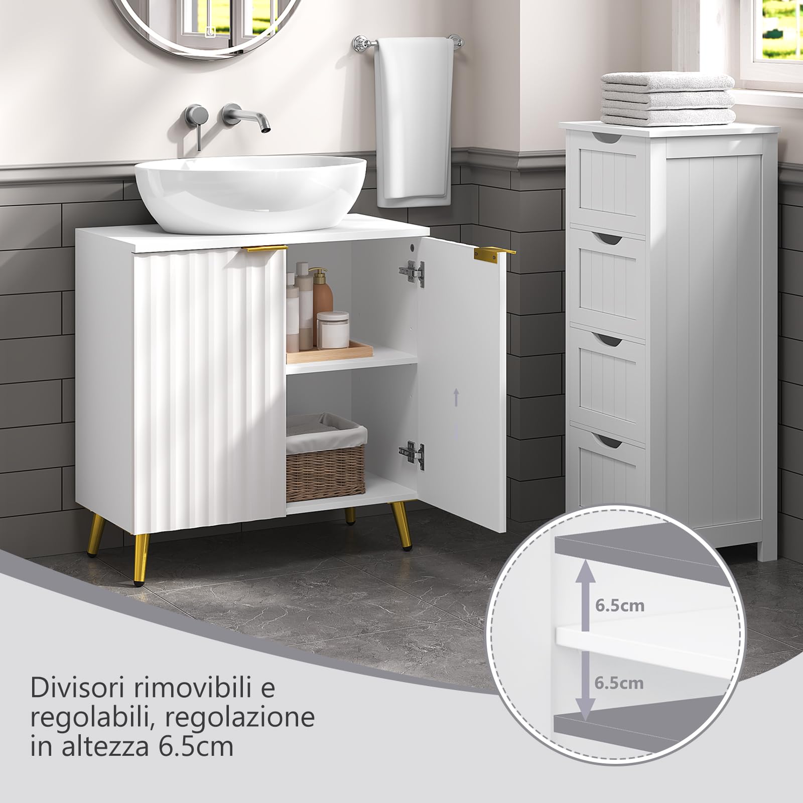 eSituro Mobile da Bagno Sottolavello, Indipendente per Bagno con Ante e Ripiano Regolabile, Mobile da Moderno, Ritaglio per Sifone 12x20cm