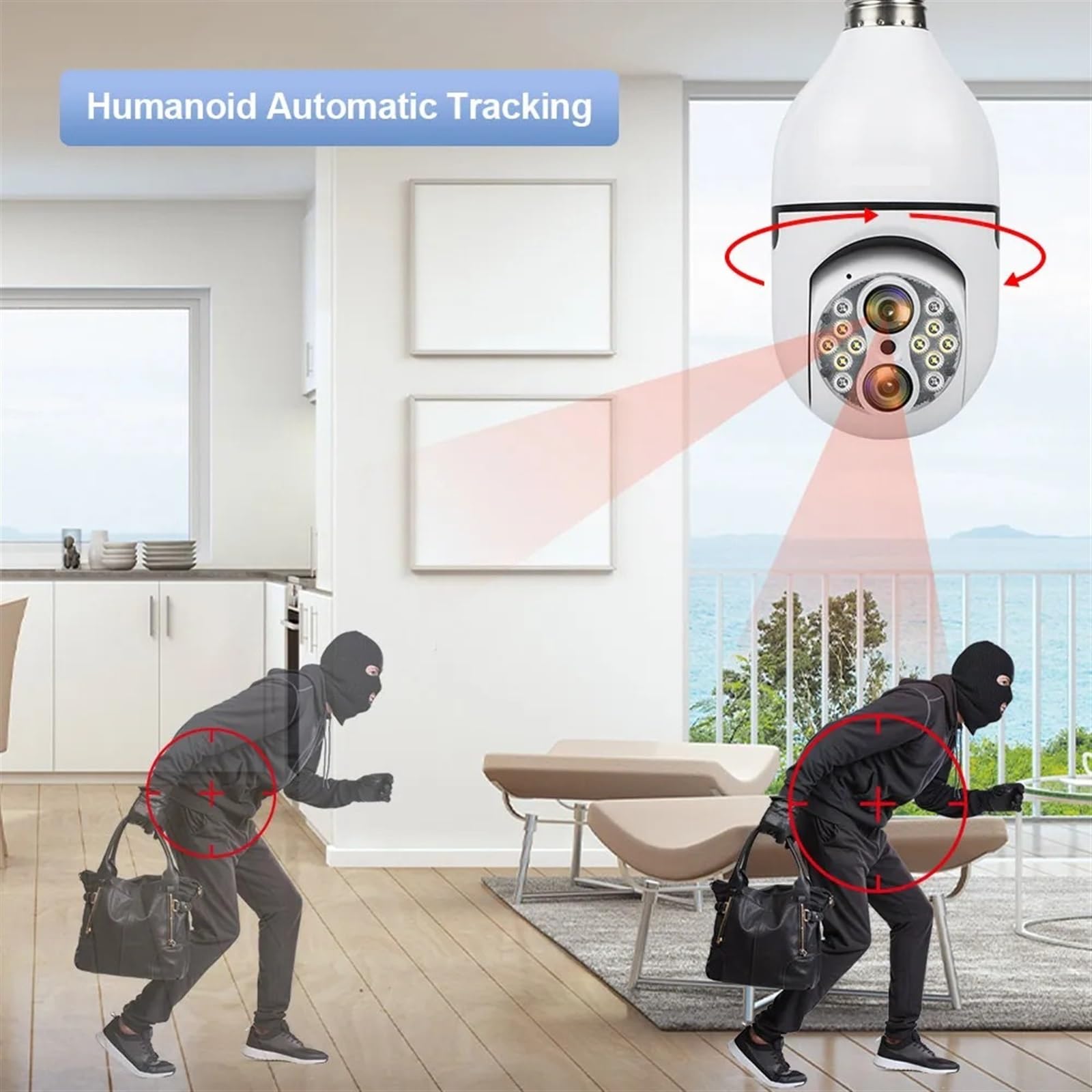 Camera Surveillance, Caméra PTZ à double objectif 2K 4MP, ampoule à double objectif, suivi automatique humain, caméra de sécurité sans fil, Interface E27, Zoom optique 10X ,Sécurité, Antivol(4MP NO SD