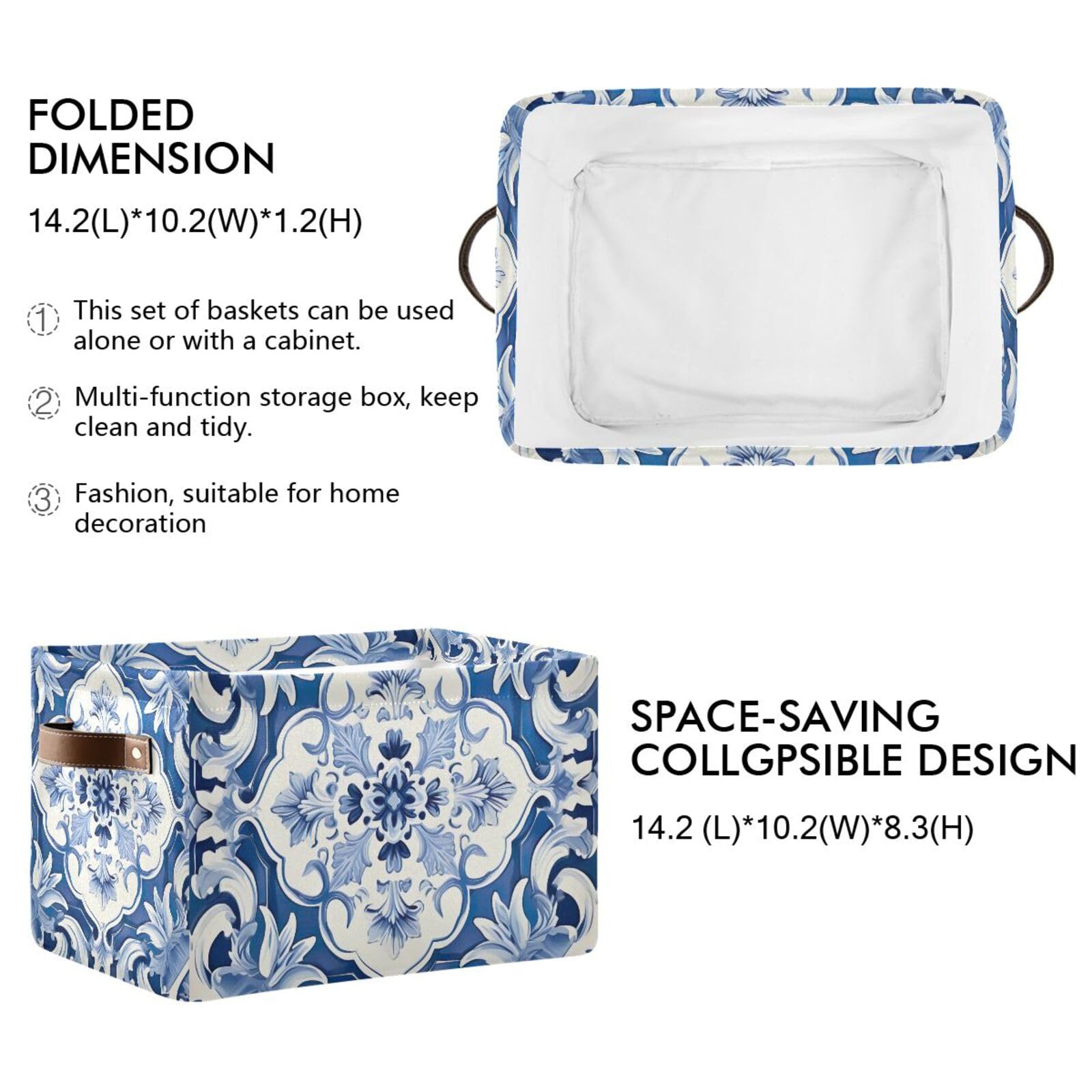 PaChyLuu Blue White Tiled Pattern Storage Basket Bin Canvas Fabric Organizer Toys Basket with Handles for Home Office Nursery, Clothes, Gifts, 2 Pcs