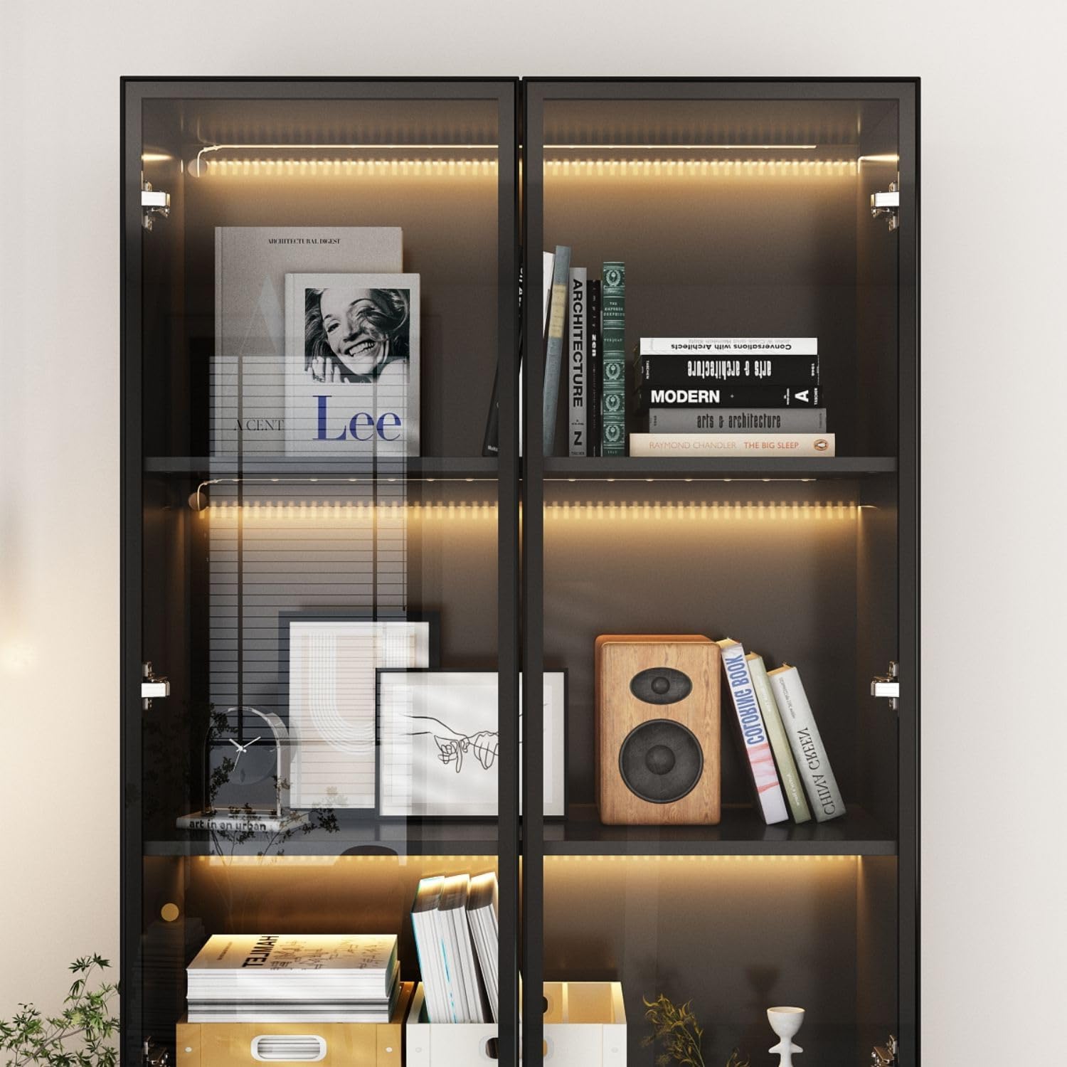 FAMAPY Display Cabinet with 2 Glass Doors and Lights, Display Case Cabinet with 4-Tier Storage Shelves and 2 Drawers, Pop-up Design, for Collectibles, Black (31.5”W x 14.2”D x 78.7”H)
