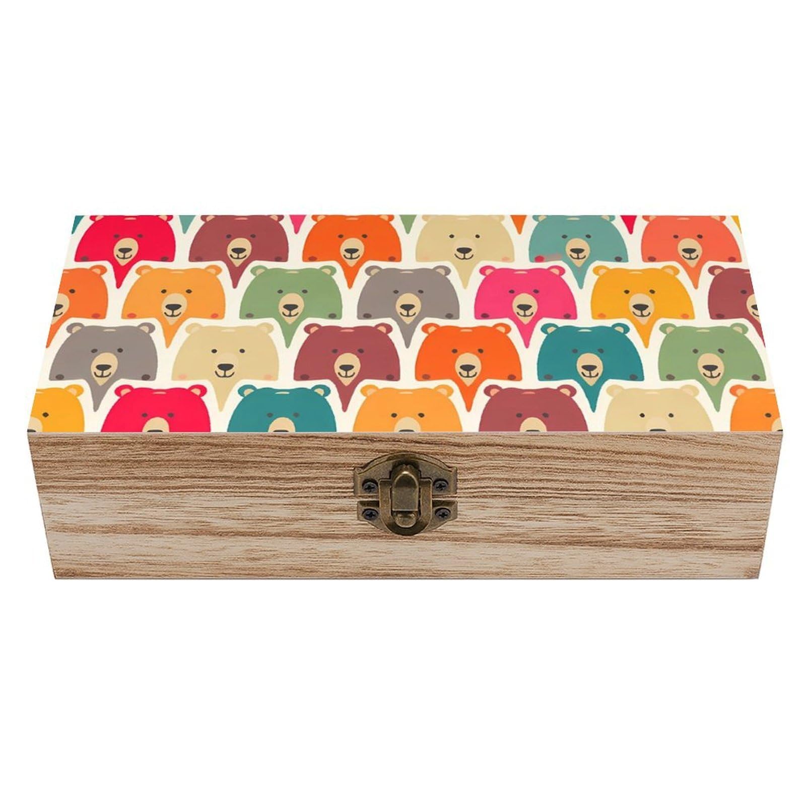 SMAZDFXX Colorful Bears Wooden Storage Box With Hinged Lid Decorative Front Clasp Keepsake Boxes