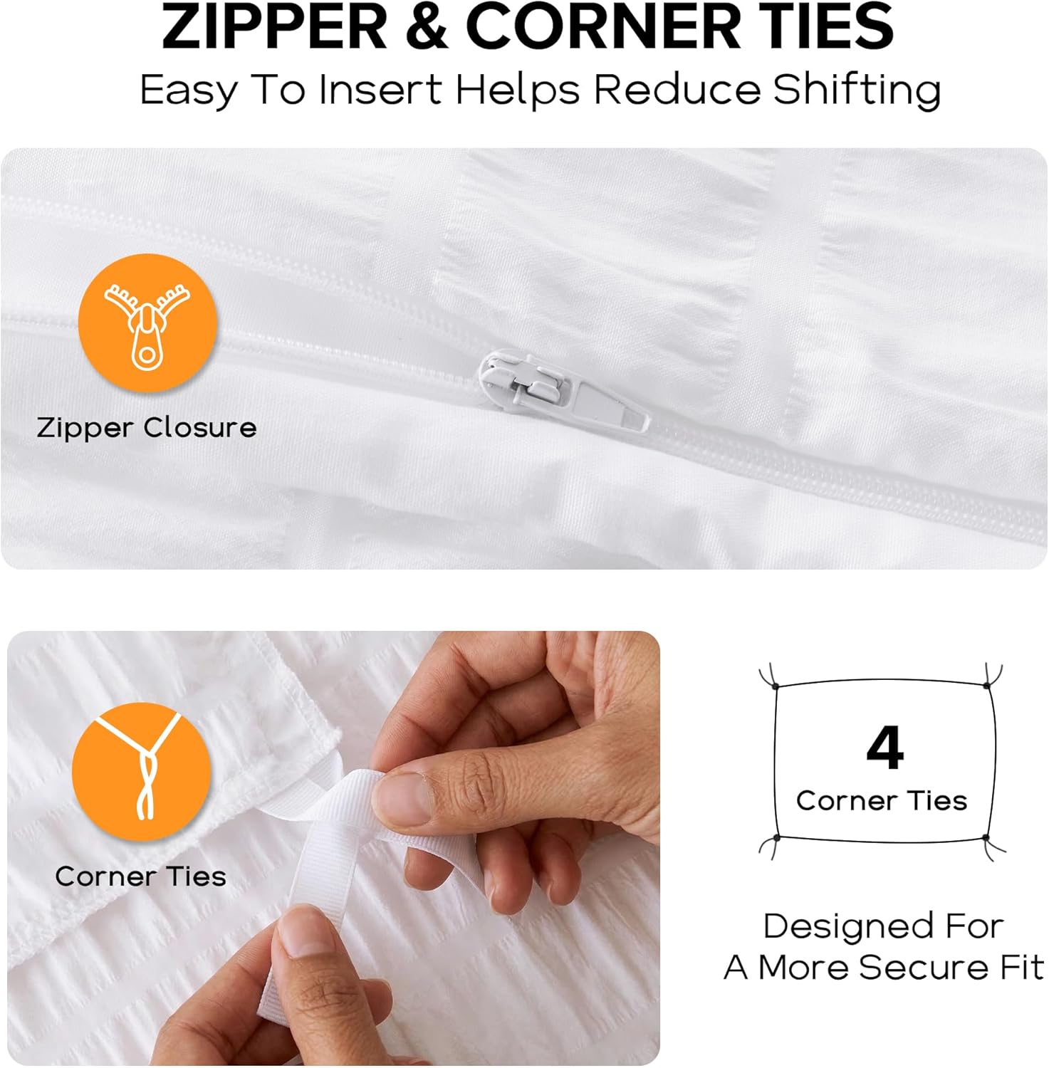 Cozyide White King Size, 3 Pieces Bedding, Soft Breathable Seersucker Duvet Cover Set with Zipper Closure and Corner Ties (1 Duvet Cover 104"x90" + 2 Pillow Shams 20"x36")
