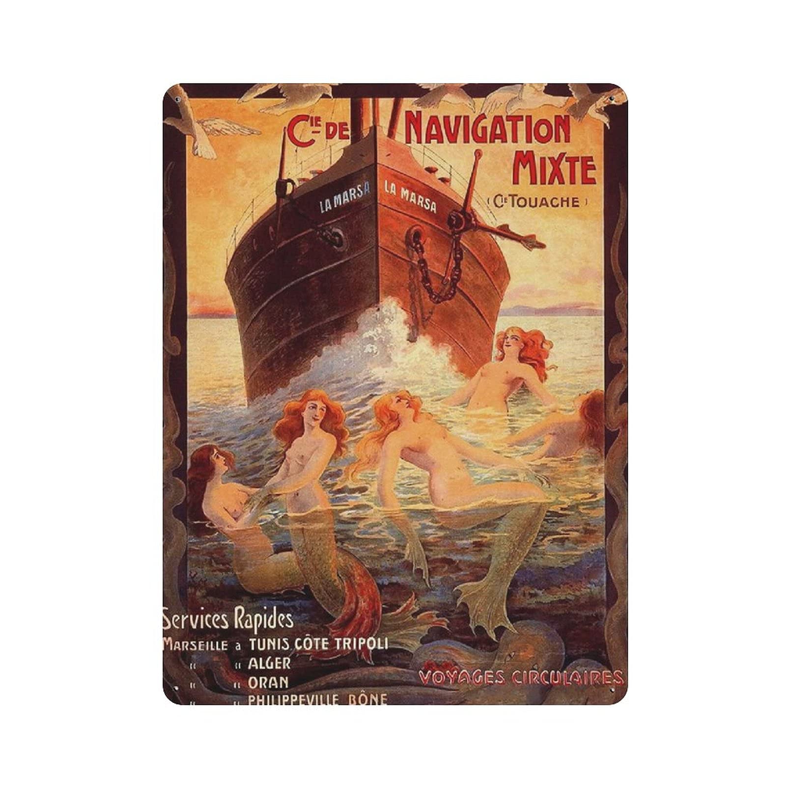 Metal Tin Sign Mermaid Ship Coast Vintage Tin Poster Metal Sign Wall Decoration Country Kitchen Home Garage Decor 16"x12"