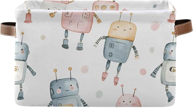 Qilmy Cute Robot Storage Basket with Handles for Organizing, Collapsible Canvas Shelves Storage Bins for Home Closet Bedroom Living Room