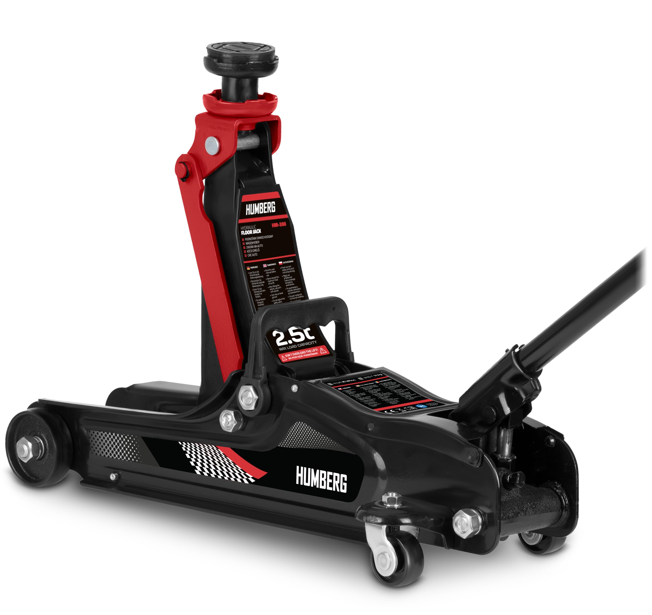 Humberg Cric idraulico per auto, a basso profilo, 2,5T, 80-360 mm, 2 cuscinetti in gomma, colore nero, rosso