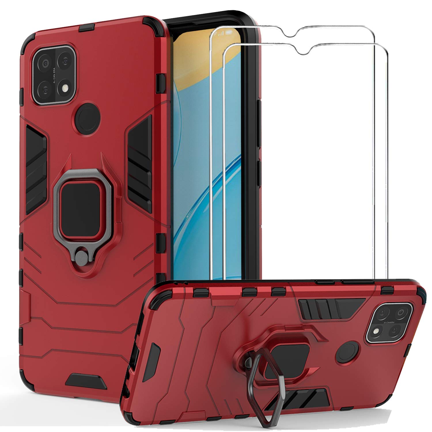 BestShare For OPPO A15 2020 / A15S / A32 Case with Tempered Glass Screen Protector (2 Packs), Heavy Duty Armor Defender Anti-Scratch Kickstand Shockproof Cover & Ring Grip, Red