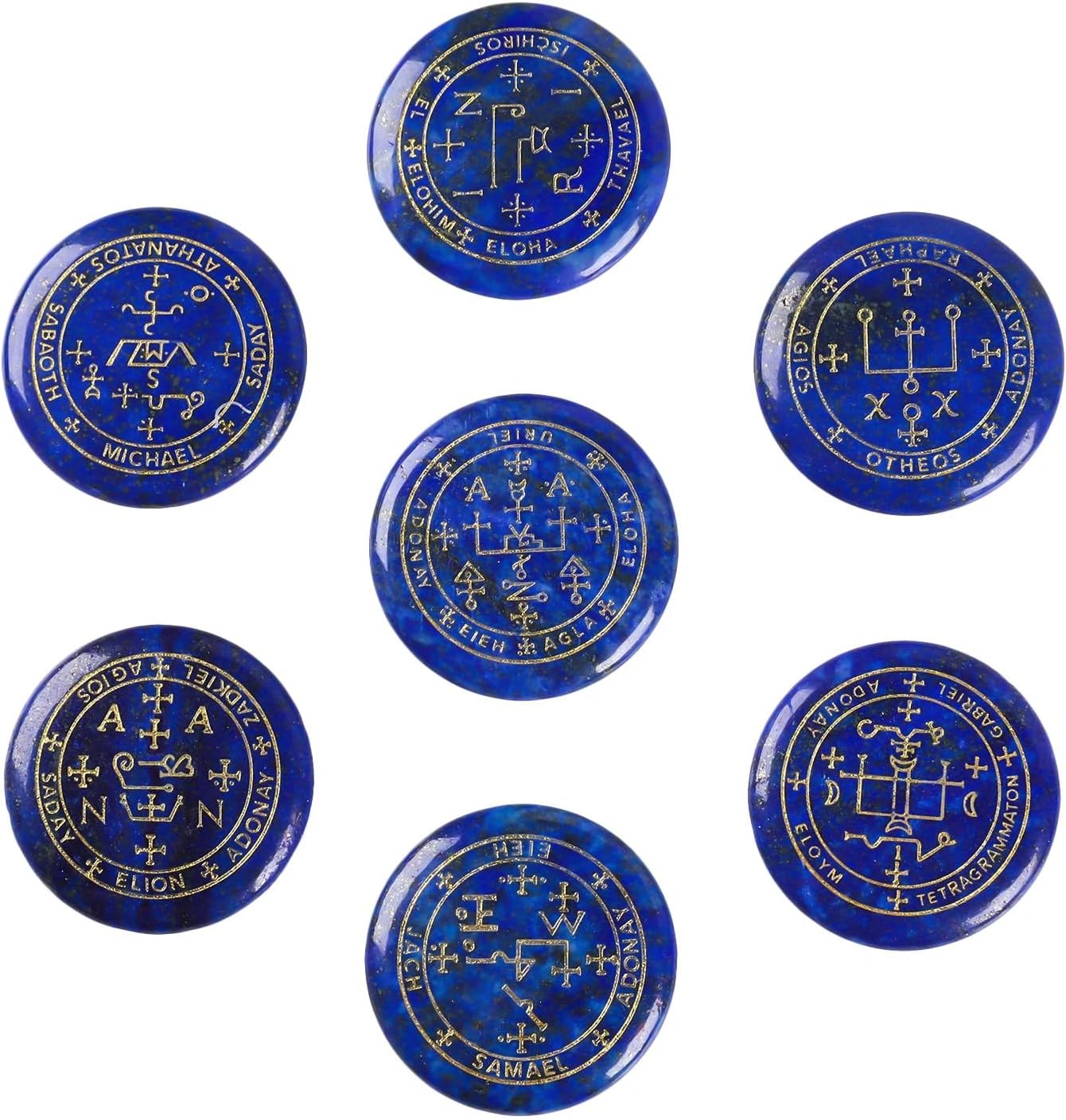 Set of 7 Polished Lapis Lazuli Crystal Engraved Magic Archangel Symbols Wicca Stones for Meditation Chakra Balancing, Collectible & Decorative Pocket Worry Palm Stone for Home Decor