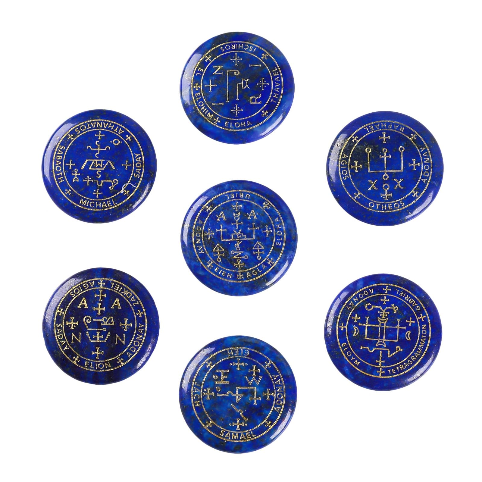 dssmboom Set of 7 Polished Lapis Lazuli Crystal Engraved Magic Archangel Symbols Wicca Stones for Meditation Chakra Balancing, Collectible & Decorative Pocket Worry Palm Stone for Home Decor