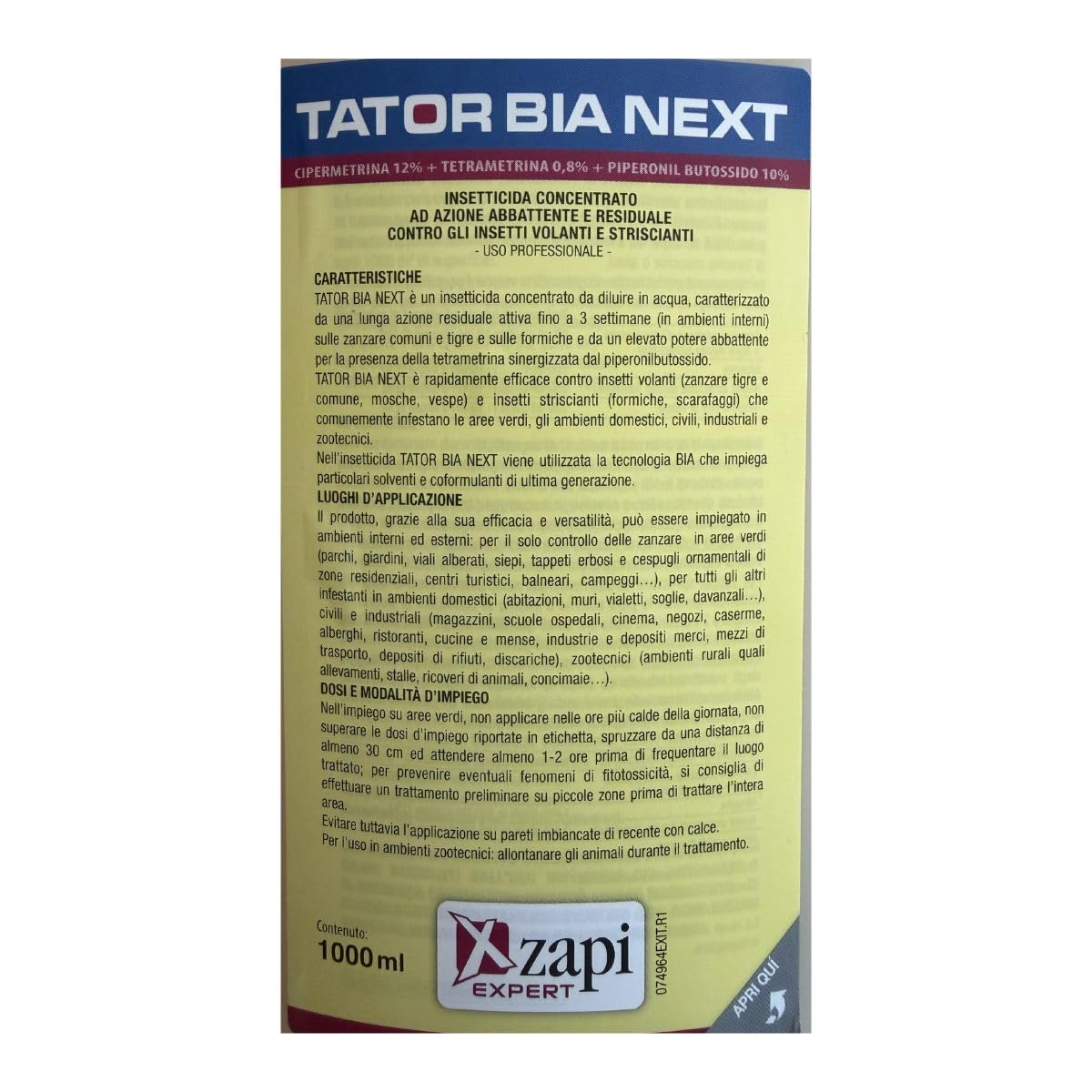Hygiene System | Zapi Tator BIA Next Insetticida Concentrato 1 Litro, Soluzione per Zanzare Tigre, Mosche e Insetti Striscianti – Ideale per Aree Esterne e Abitazioni