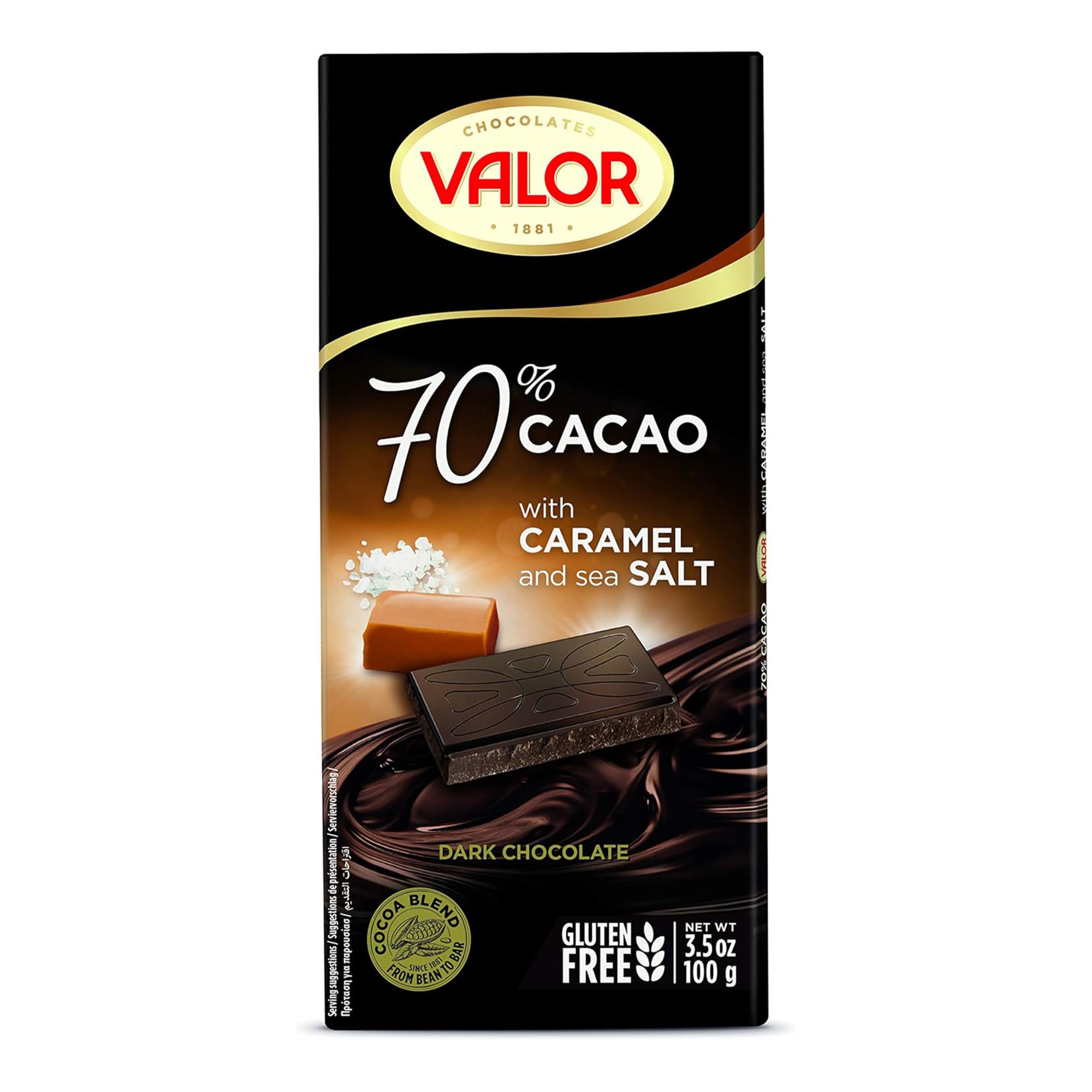 Valor Dark Chocolate Bar - 70% Dark Chocolate with Caramel and Sea Salt, Deliciously Smooth Dark Chocolate Bars made with Fine Cacao, Gluten Free, Crafted by Master Chocolatiers, 100g Bar