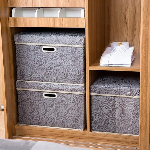 Miniatura 9 de PRANDOM - Cubos de almacenamiento apilables y grandes con tapas, de tela decorativa, con asas y divisor para la habitación, armario, sala de estar,