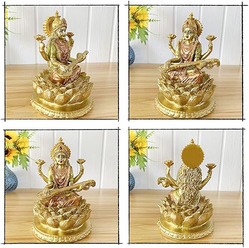 Miniatura 4 de BangBangDa Diosa hindú Señor Saraswati estatua  Ídolo indio de la música sentado en la escultura de loto  Figura de Dios de la India para el hogar,