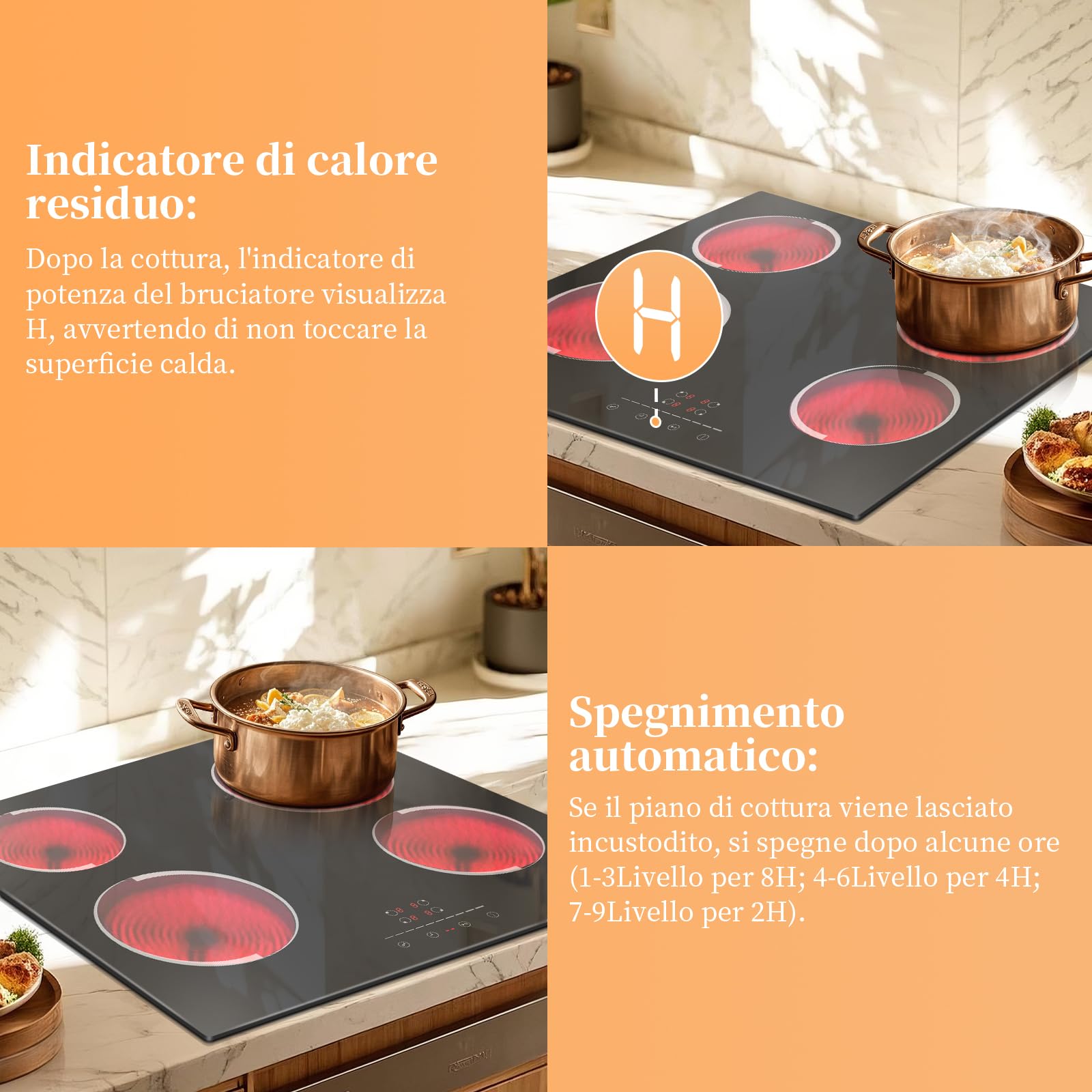 Piano Vetroceramica 4 Fuochi 6000W, Jessier Piano Cottura Elettrico 4 Piastre 9 Livelli di Potenza, Funzione Pausa, Timer, Blocco di Sicurezza