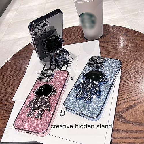 Miniatura 2 de KJArrow Funda rosa para iPhone 14 Pro con bonito soporte oculto de astronauta funda brillante para niñas chapado en 6D funda protectora de TPU suave