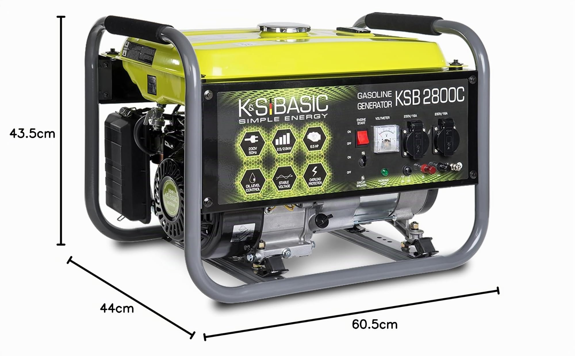 KSB 2800C - Generatore di corrente, 6,5 CV, motore a benzina a 4 tempi, in rame, regolatore di tensione automatico (AVR), 2800 Watt, 16 A, 230 V, per uso domestico e tempo libero