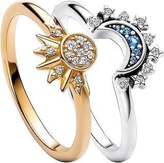 Conjunto de anéis de sol e lua celestiais, anel de sol brilhante/lua azul, banhado a ouro/prata 14k, anéis de promessa de amizade, anéis celestiais empilháveis, presentes para mulheres e meninas