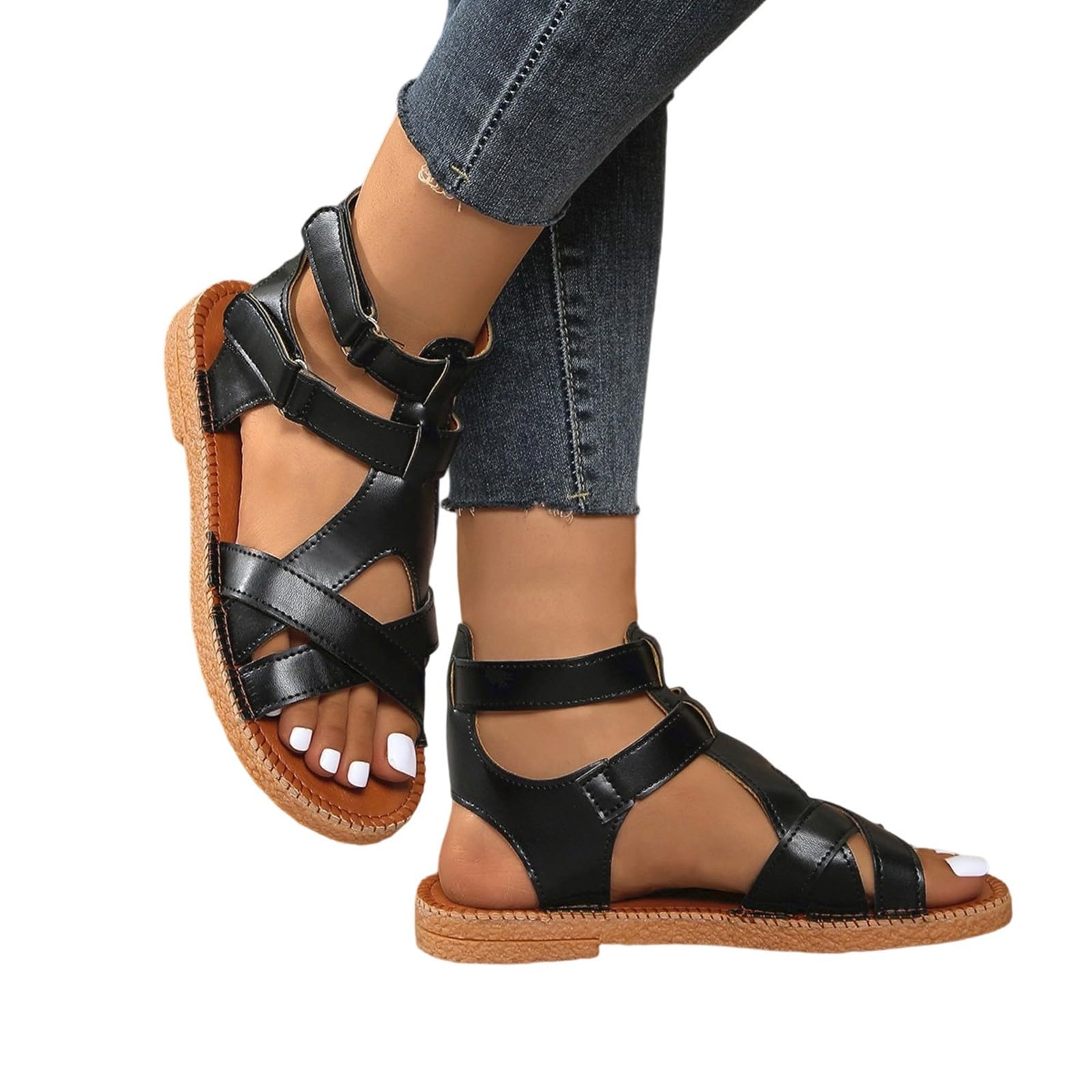 Women's Comfortable Casual Sandals Open Toe Flat Heel Slip On Summer Beach Walking Shoes for Outdoor Vacation (Black, 8)