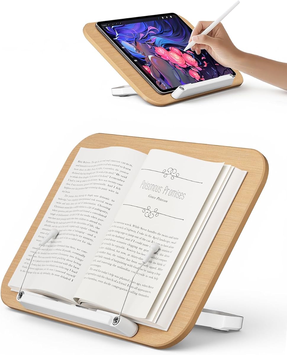 Adjustable Book Stand for Reading, Book Holder with 13 Height Levels, Hands-Free Desktop Book Stand with Page Clips, Foldable Book Stand for Textbooks, Cookbooks, Tablets & Study