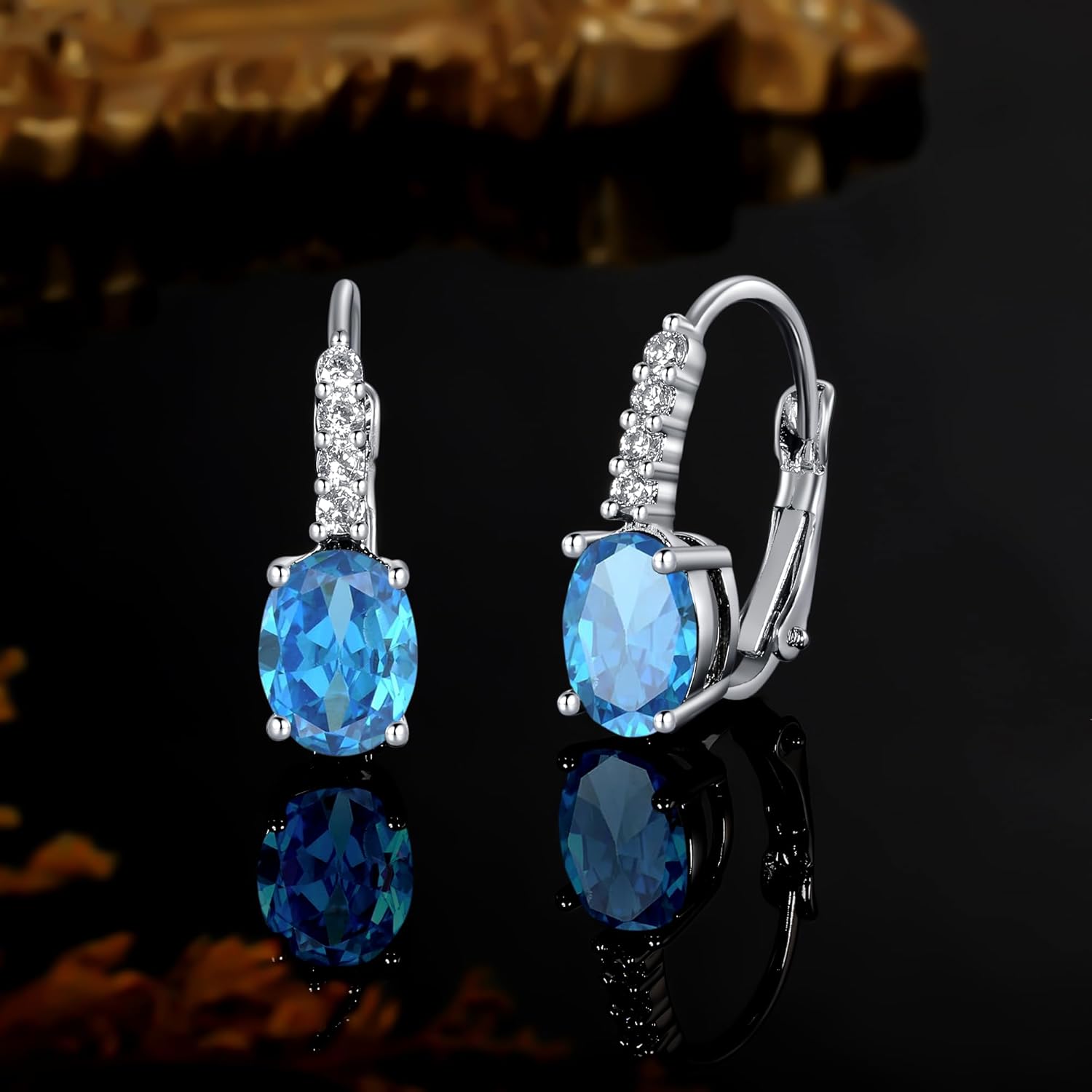 Drop Earrings for Women|6x8mm Oval-shaped Gemstone Halo CZ Dangle Earrings|18K White Gold Plated Drop Earrings Hypoallergenic Jewelry Gift - Image 4