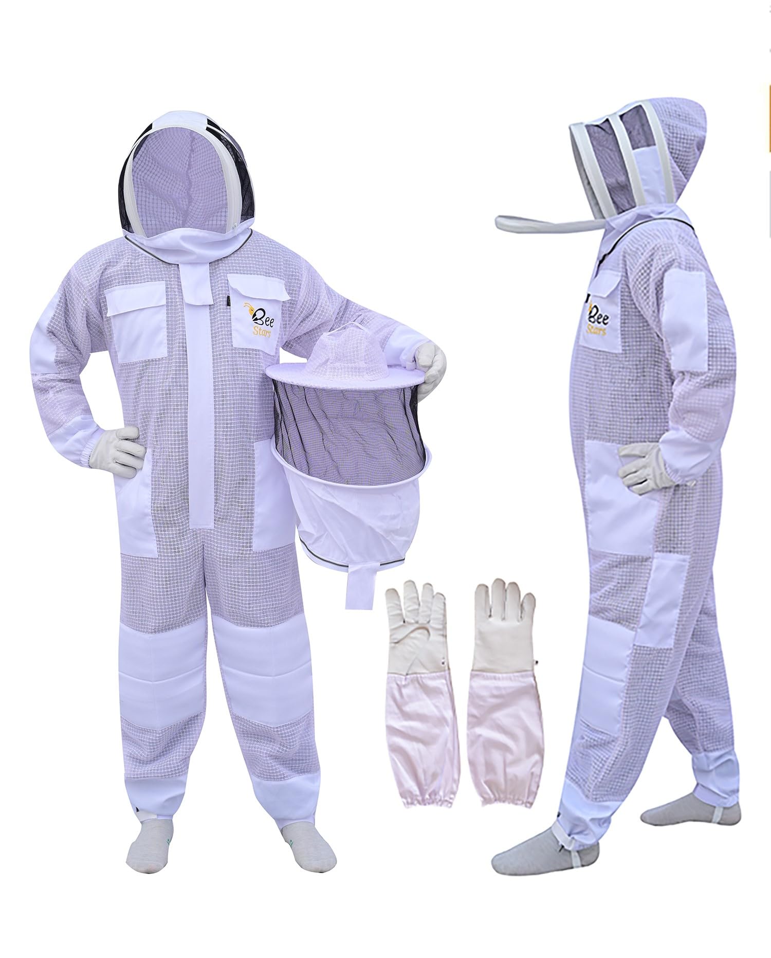 Bee Stars Professional 3 Layer Bee Suit with Fencing and Round Veil Ventilated Sting Proof Beekeeping Protective Suit with One Pair Bee Gloves, 2