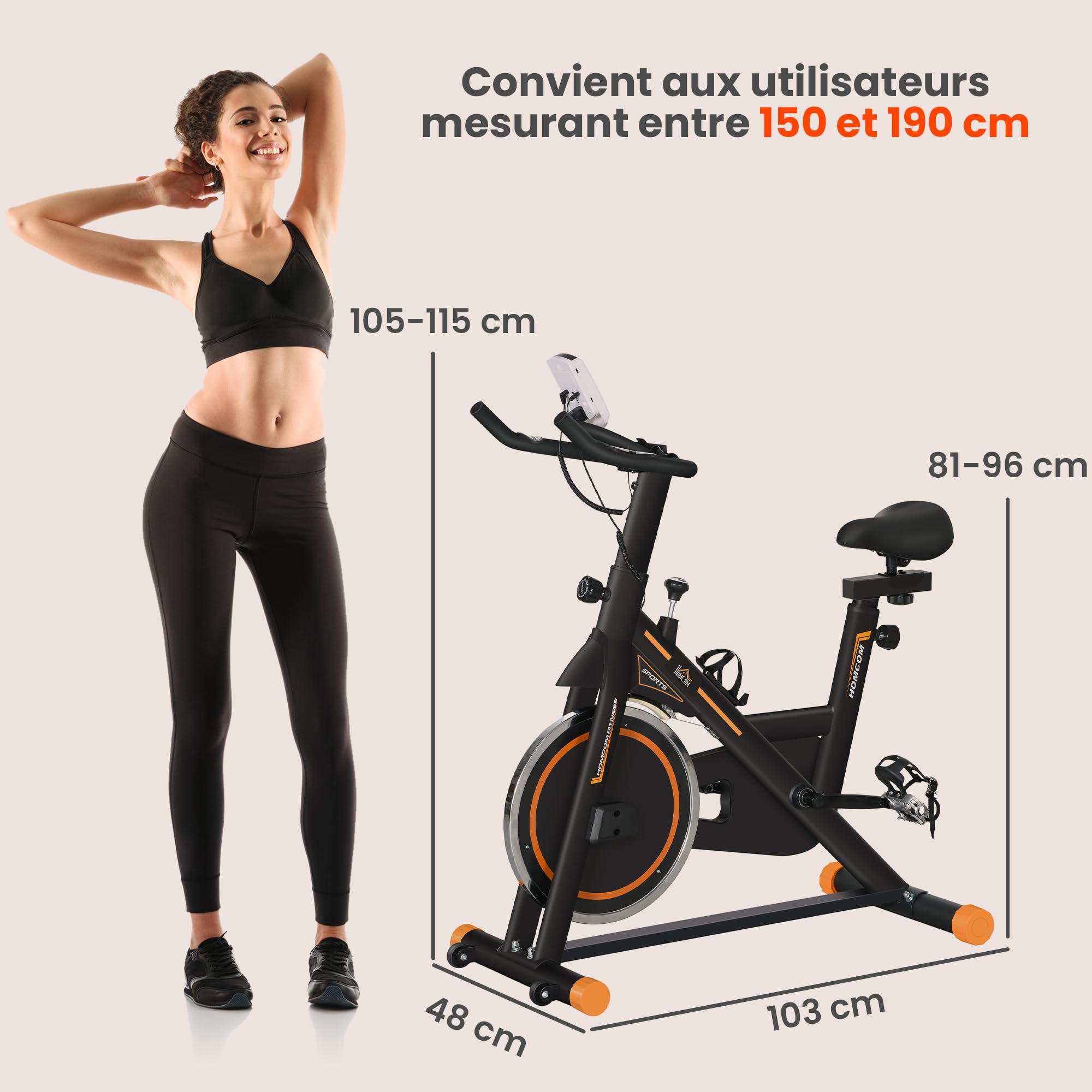 HOMCOM Vélo d'Appartement avec Écran LCD, Résistance Réglable, Charge 120 kg, Noir et Orange