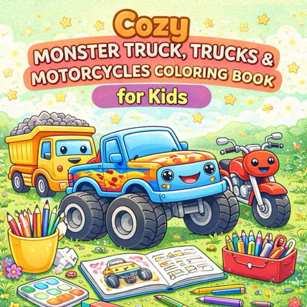 Cozy Monster Trucks, Trucks & Motorcycles Coloring Book for Kids: Cute and Easy Vehicle Coloring Pages for Relaxing and Creative Fun Ages 4-8