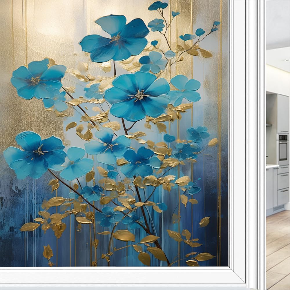 Beautiful Wildflower Privacy Window Film Natural Flower Leaf Butterfly Stained Glass Window Coverings Adhesive Sticker Frosted Window Film for Home Office Stores 35.4Wx63L inch