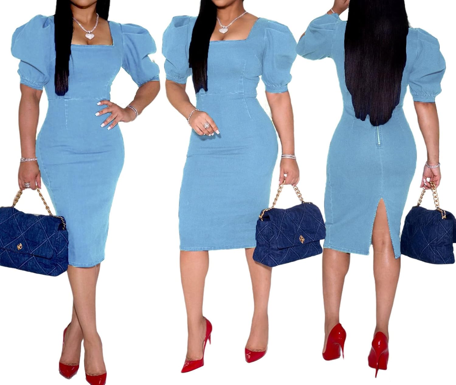 SeNight Women Denim Dresses Elegant Sexy Short Sleeve Jean Party Dress - Image 4