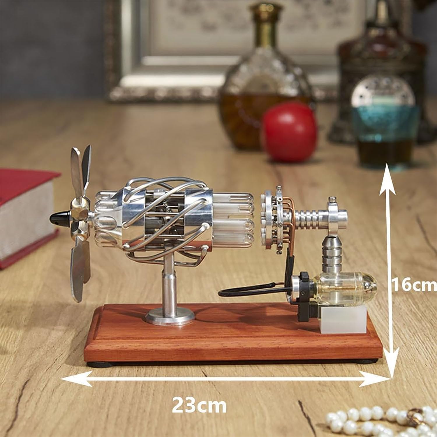 Modelo de motor aeronáutico: placa oscilante de 16 cilindros, motor de aire caliente con hélice giratoria de 4 palas, cilindro calentado y base de madera maciza para experimentos científicos