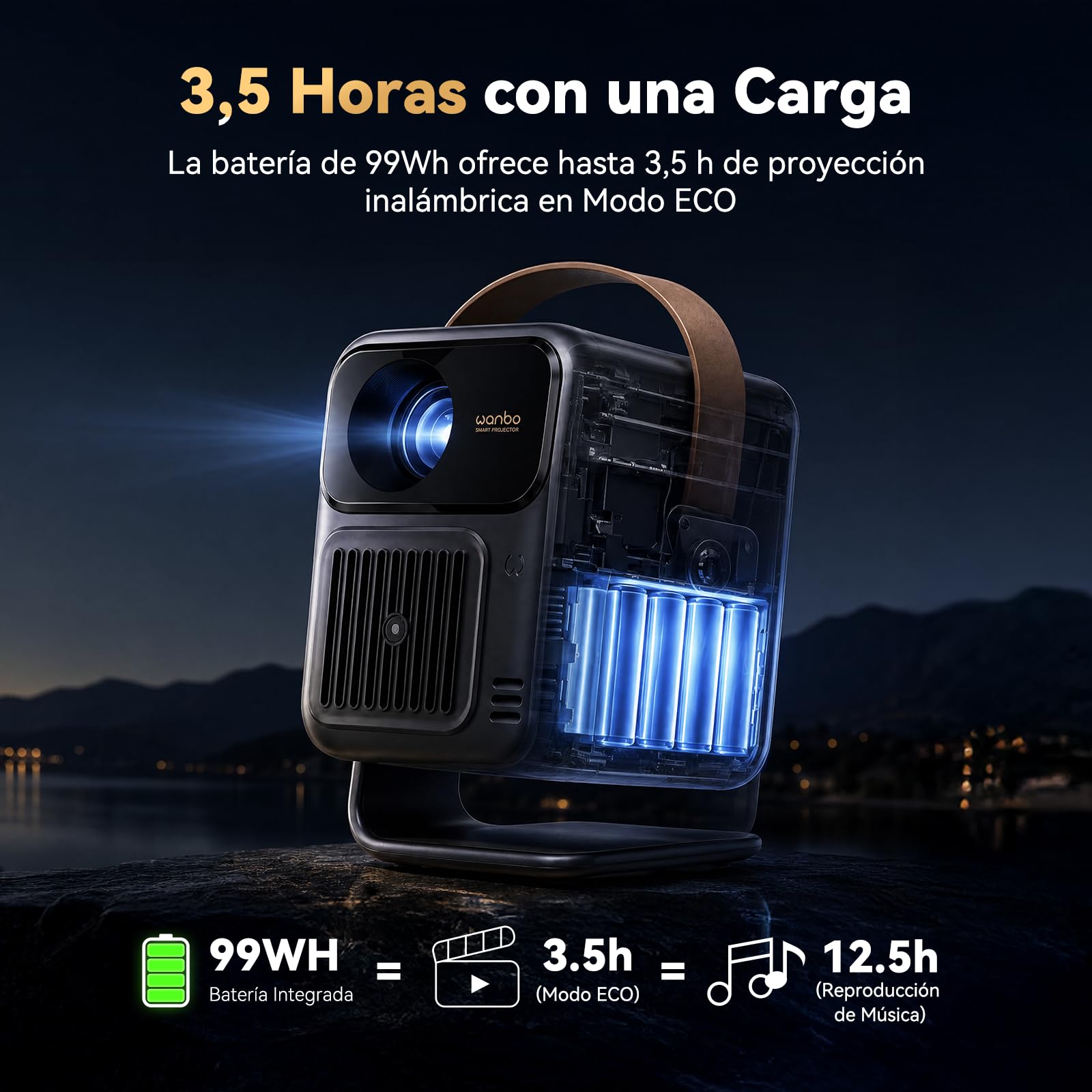 Wanbo Togo Pro Proyector Portátil con Batería 3,5 h Integrada, Google TV, 1080P Full HD, 500 ANSI, WiFi, Bluetooth, Auto Focus, Keystone, Rotación 360°, 27dB Silencioso para Cine en Casa y Camping