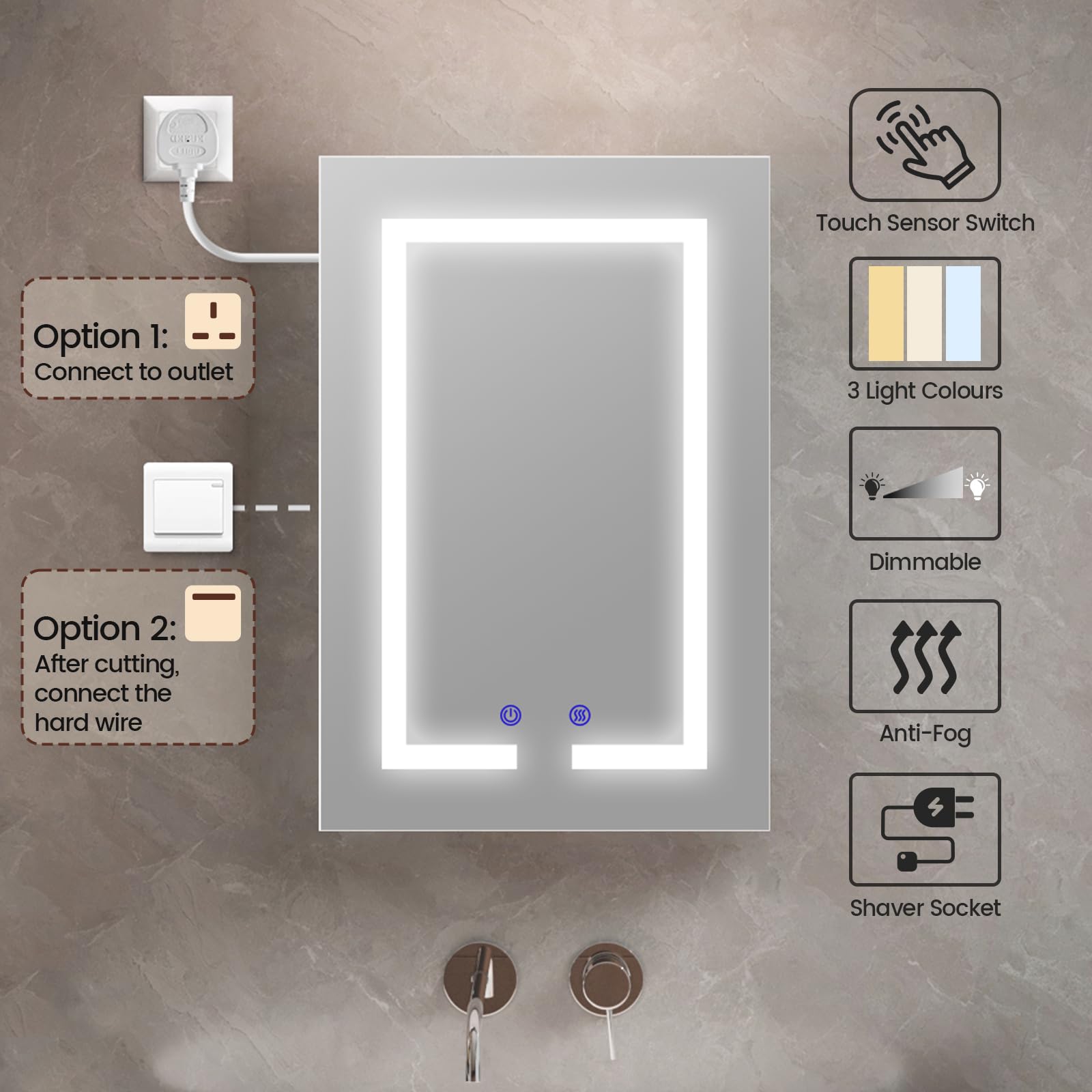 Szafka łazienkowa z lustrem LED, 400 x 600 mm, odmgławiacz, możliwość przyciemniania, 3 kolorowe lustro do makijażu, montowana na ścianie, szafka łazienkowa z oświetleniem i gniazdem