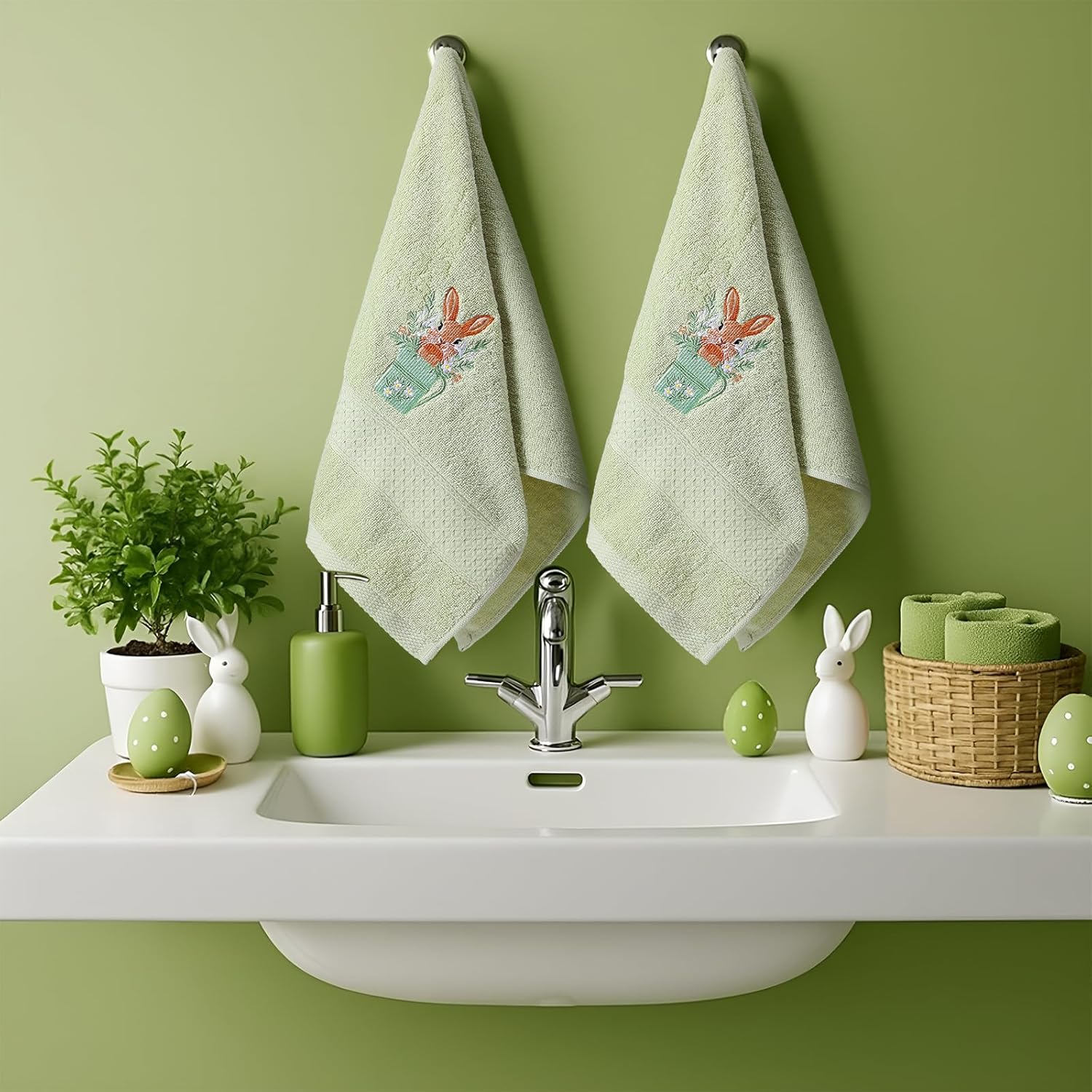 Tudomro 2 Pcs Happy Easter Bunny Hand Towels Green Bathroom Decor 14x29 Inch Embroidered 100% Cotton Soft Absorbent Spring Easter Bunny Decorative Hand Towels for Bathroom Kitchen - Image 6