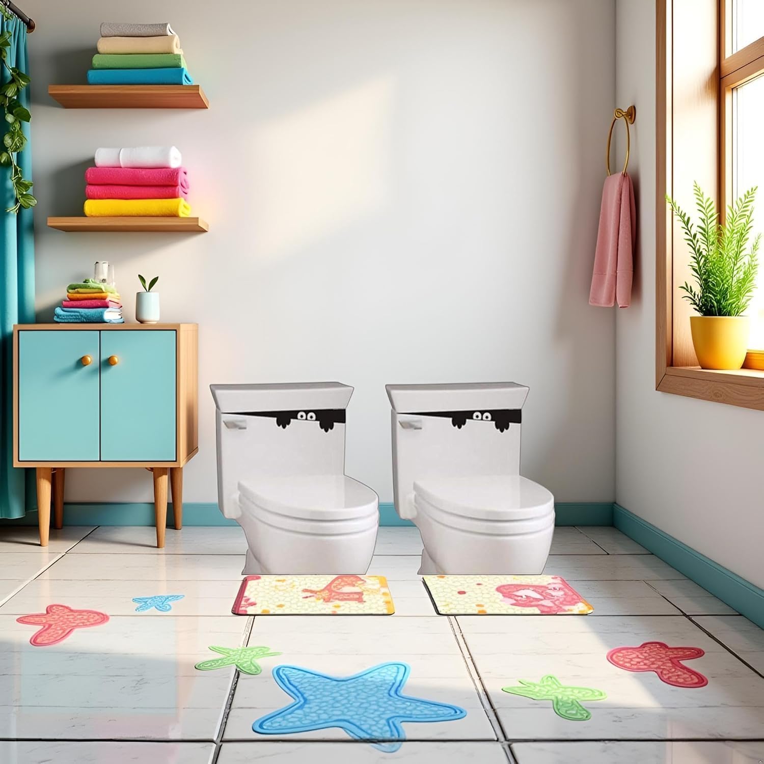 2Pcs Blalck 3D Toilet Monster Funny Bathroom Seat Decor Removable Sticker Wall Art Decal Toilet Lid Decals
