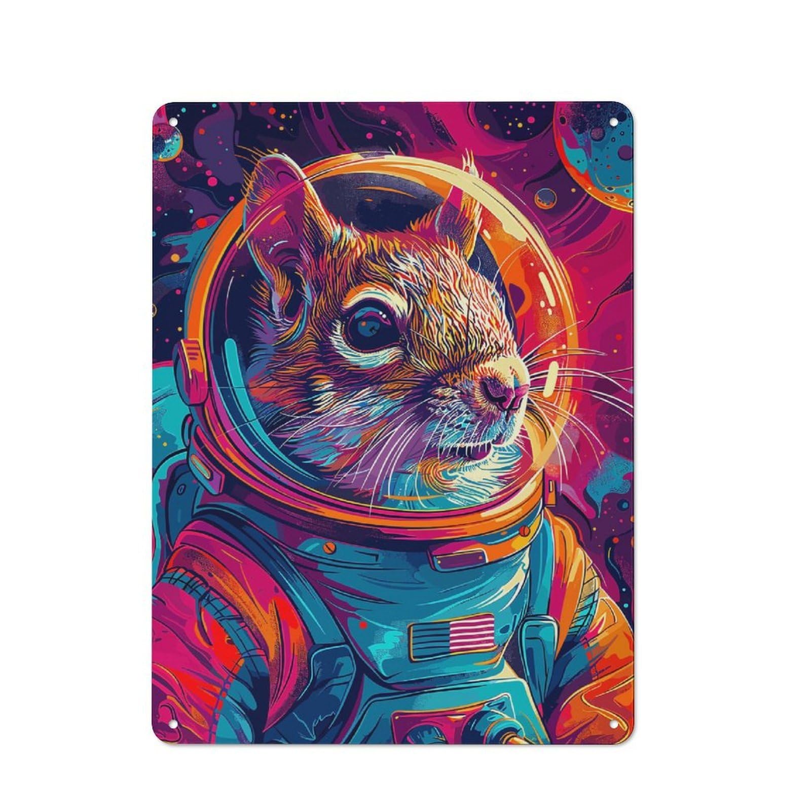 Farmhouse Metal Sign with Squirrel Astronaut Space Design 40x30cm, Rustic Country Wall Plaque for Cottage, Kitchen, Hallway Or Breakfast Nook