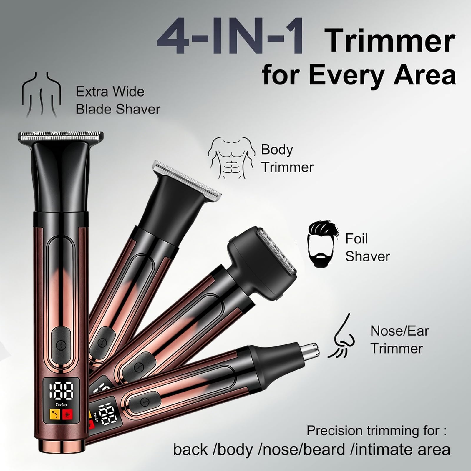 Tondeuse Corps Homme 5en1, Éclairage LED & Lames R Anti-Coupure, 2 Vitesses Turbo, Bras Télescopique 50cm, Écran LED Rappel Huile, IPX7 Étanche pour Dos Intime Nez Oreilles
