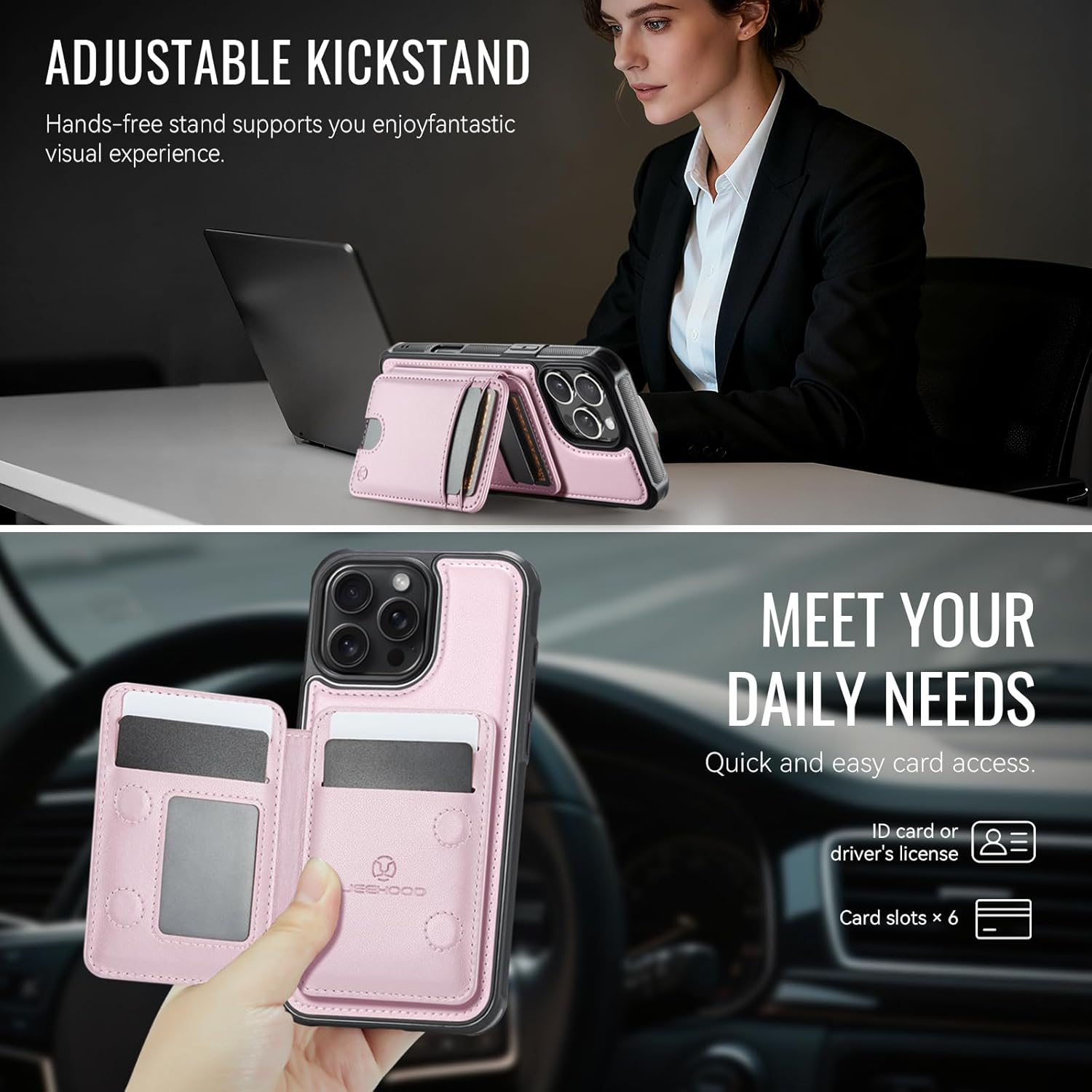 for Wallet Case for iPhone 16 Pro Max, Compatible with MagSafe and RFID Blocking 2-in-1, Removable PU Leather Stand Shockproof Case, Bi-fold Wallet Flip Case for iPhone 16 Pro Max 6.9" - Pink