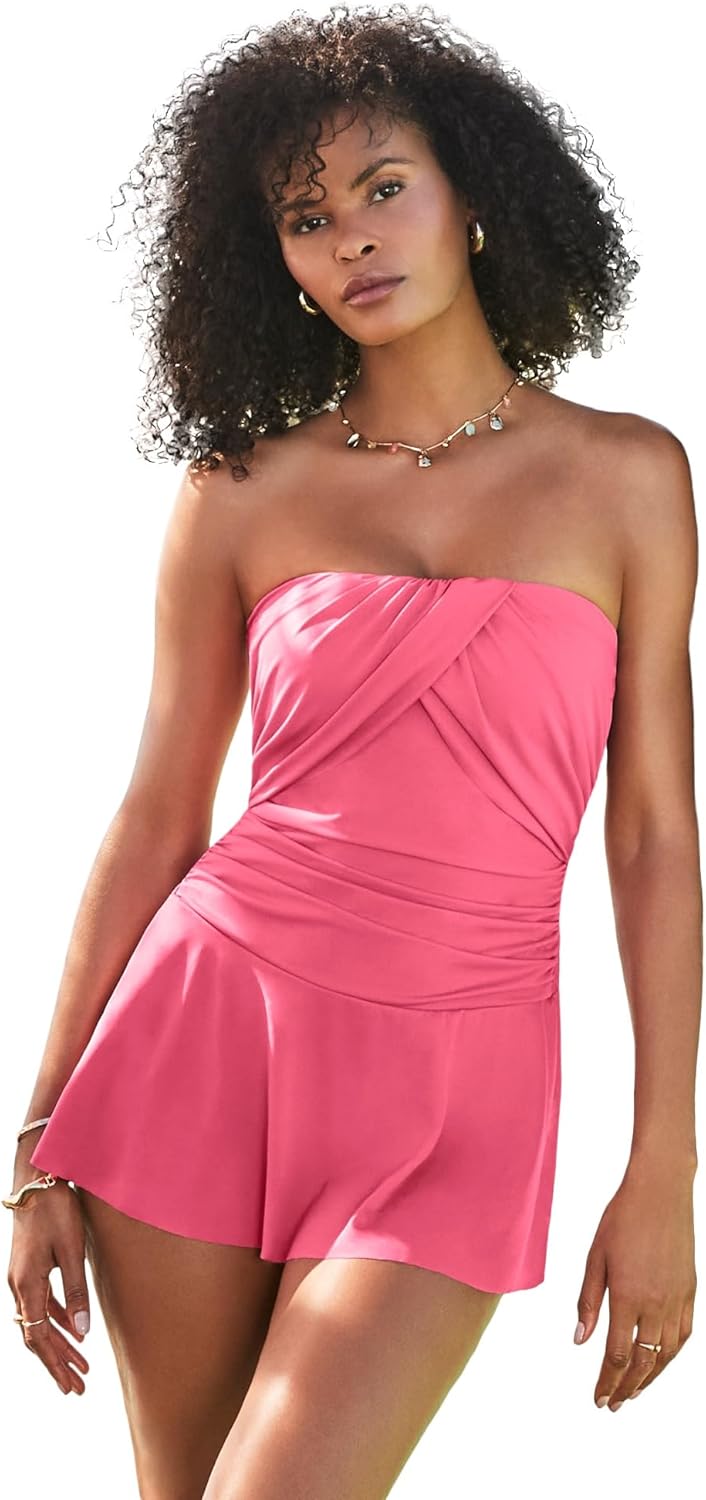 Swimsuits For All Women's Ruched Skirted Bandeau Swimdress (Plus