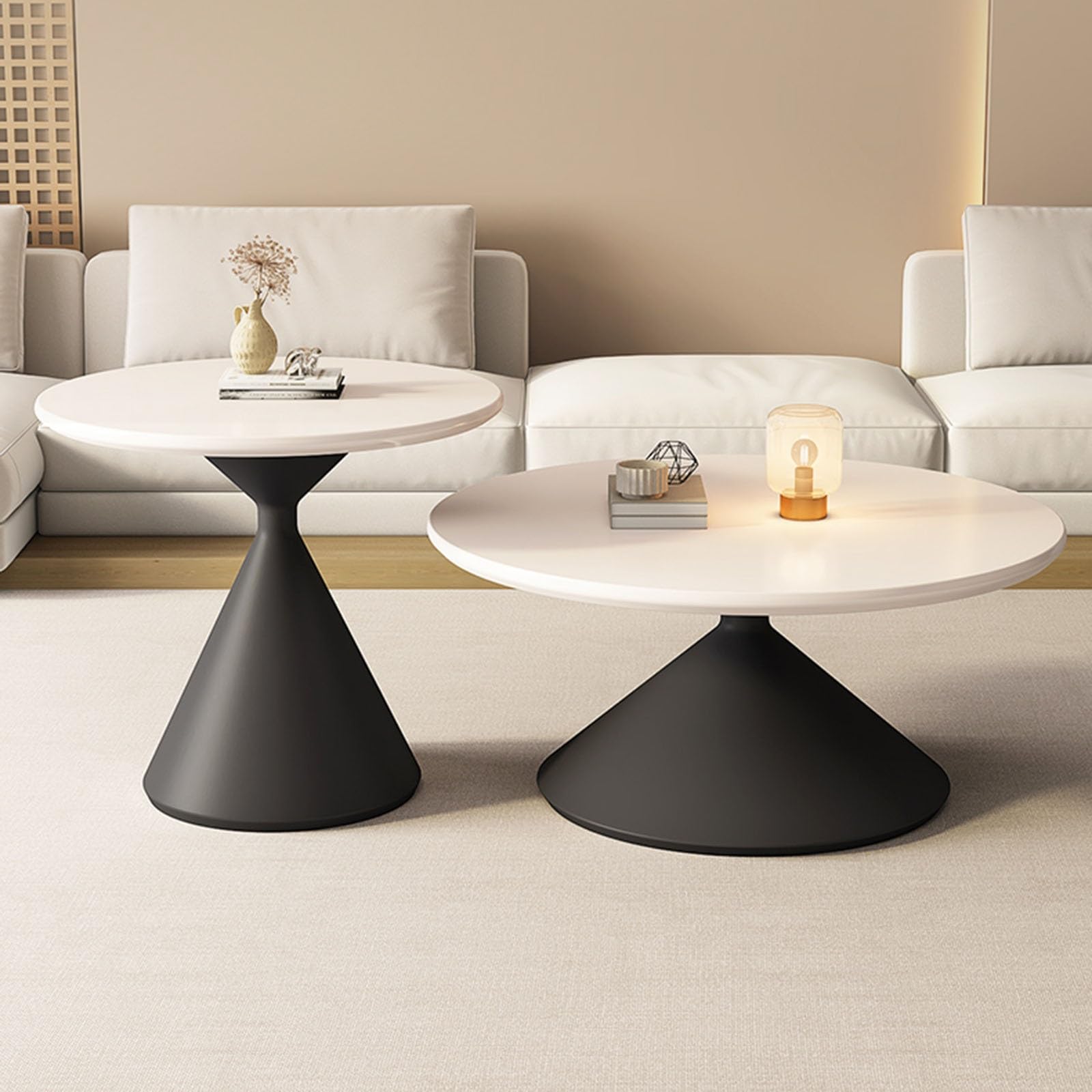 Table Basse Ronde pour Salon, Table Basse de Style campagnard avec Rangement, Finition Bois Massif Rustique, Table Basse Ronde idéale pour Les Petits espaces (Bicolore)