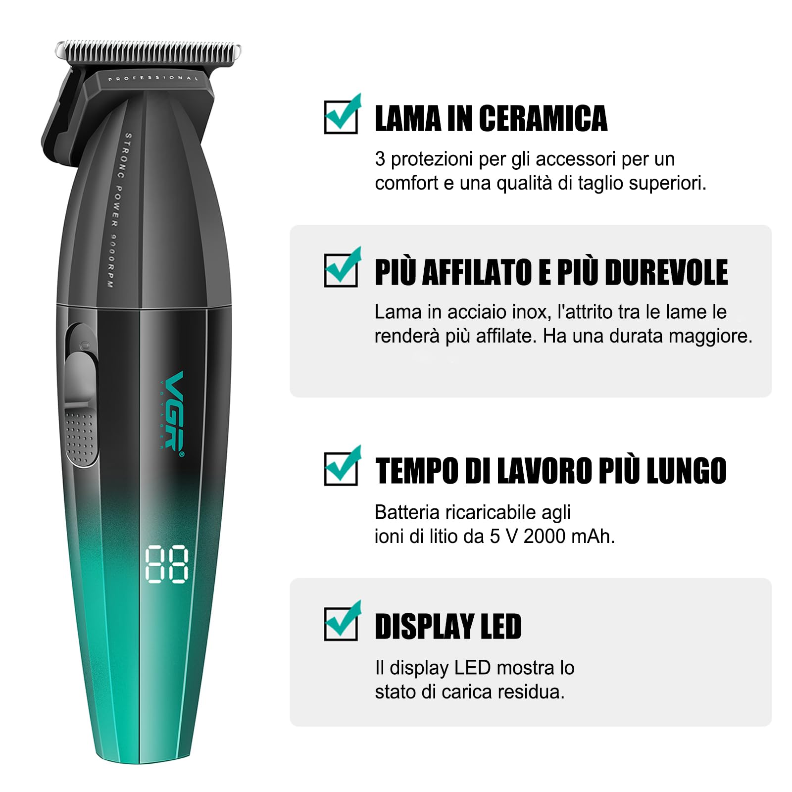 VGR Tagliacapelli Uomo Professionale Taglia Capelli Elettrico Senza Fili Kit Barbiere Macchinetta per Capelli 9000 Giri/min Set Taglia Barba e Capelli Uomo Senza Fili Ricaricabile, 9 Pettini Guida