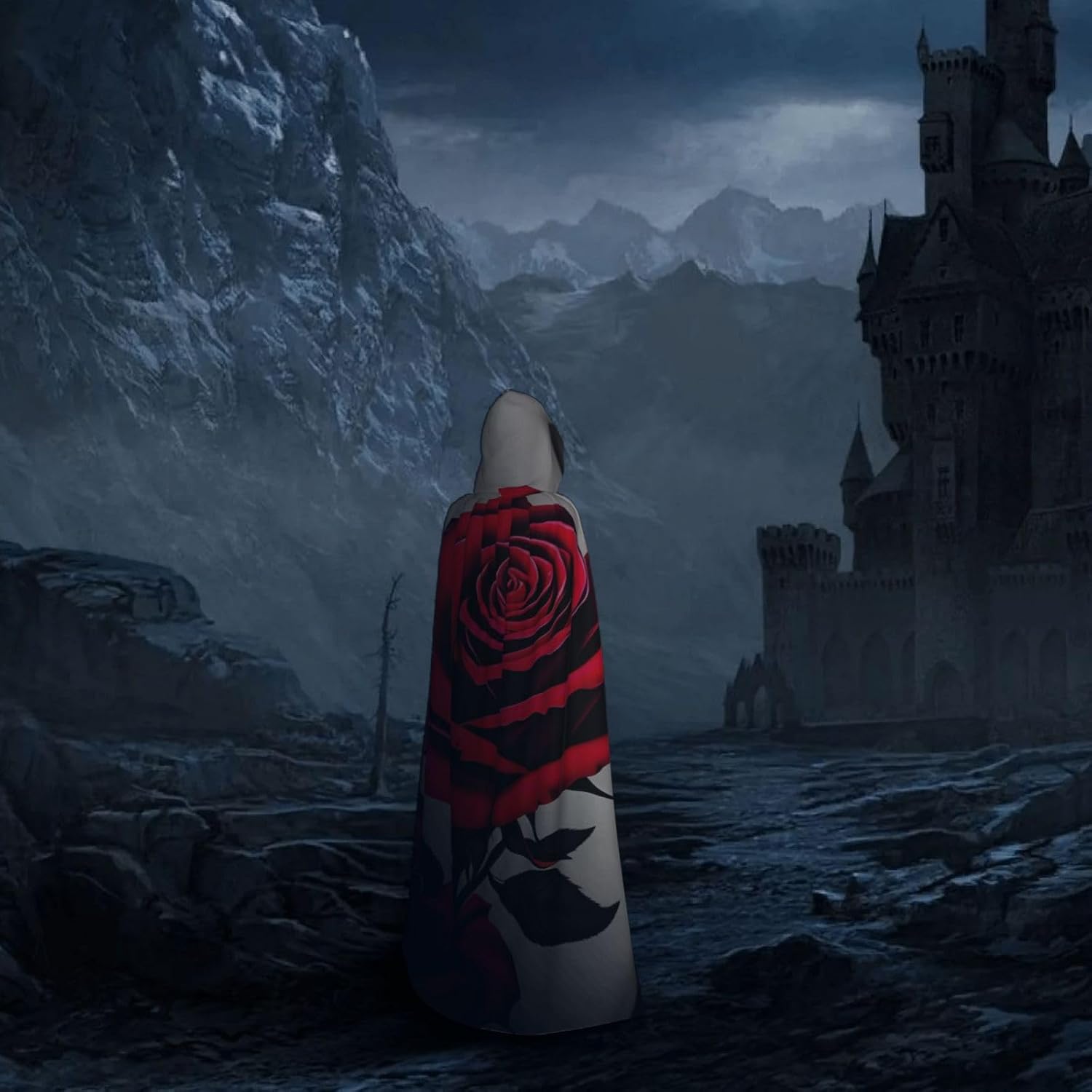 Red rose print Hooded Robe Halloween Cosplay Costume Robe Cloak Cape Wizard Raven Cosplay Costume
