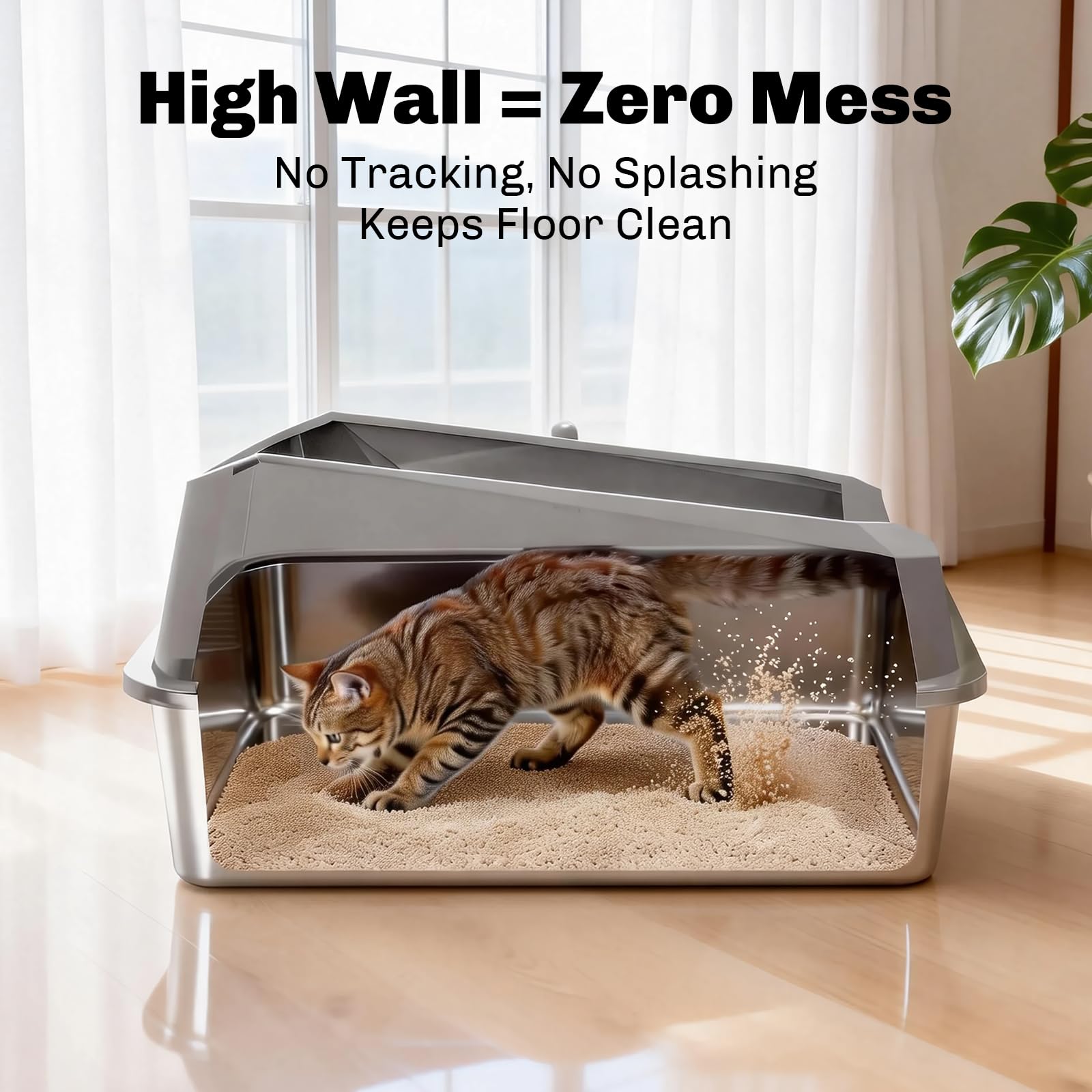 KYKY Tescat 2 Pack Stainless Steel Litter Box with Lid, XL Metal Litter Box with High Sides, Extra Large Litter Boxes for Big Cats and Multiple Cats, Leak-Proof, Rust-Proof, Non-Sticky and Easy Clean - image 2