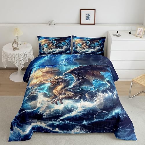 Miniatura 16 de Juego de edredón de dragón occidental, tamaño individual, juego de ropa de cama de relámpago, tsunami, desastre, olas del océano, decoración de Azul