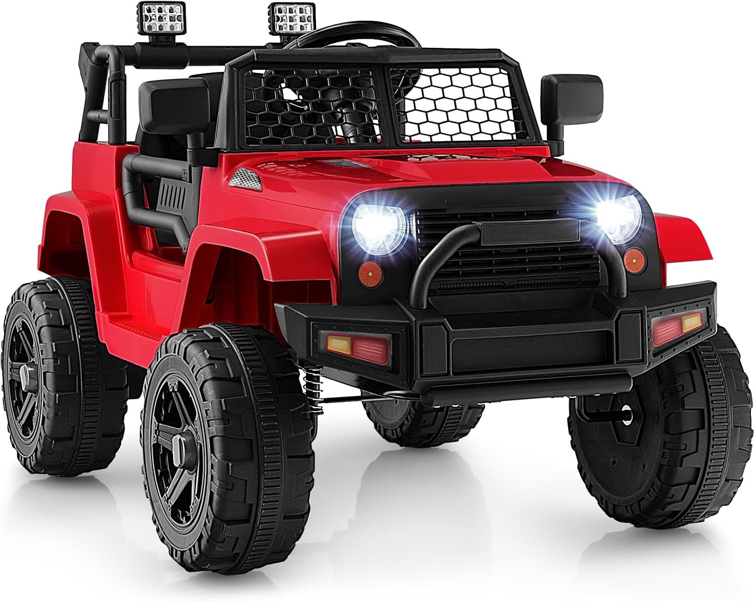 DORTALA Ride on Car, 12V Battery Powered Kids Electric Vehicle with Remote Control, Music, LED Lights, USB & Aux Port, Spring Suspension, Ride on Truck Toy for Boy Girl 3-7 Years, Red